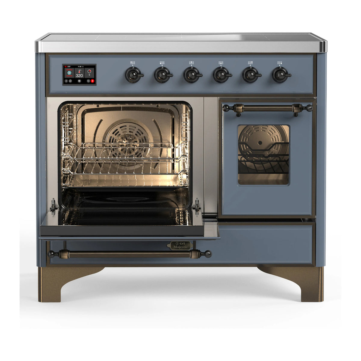 Blue grey induction range with the other oven open, illuminated racks inside