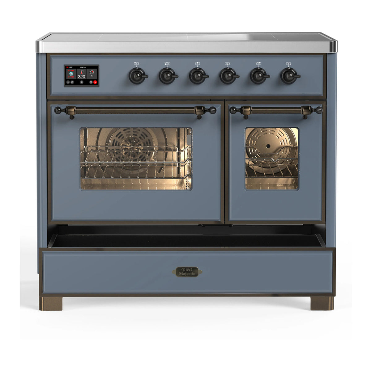 Blue grey induction range with both ovens open and lower storage drawer