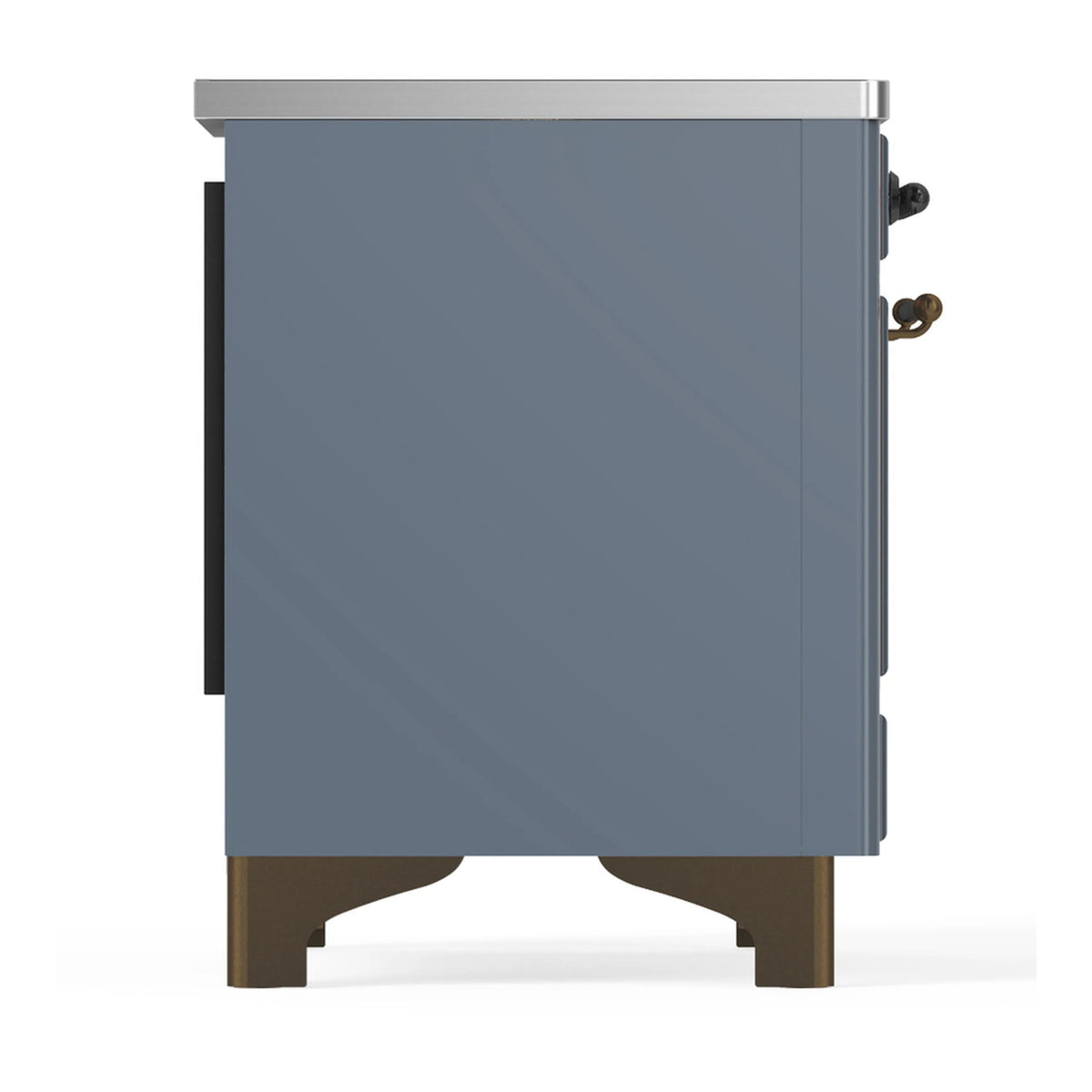 Blue grey induction range side view with brushed trim and bronze handle details