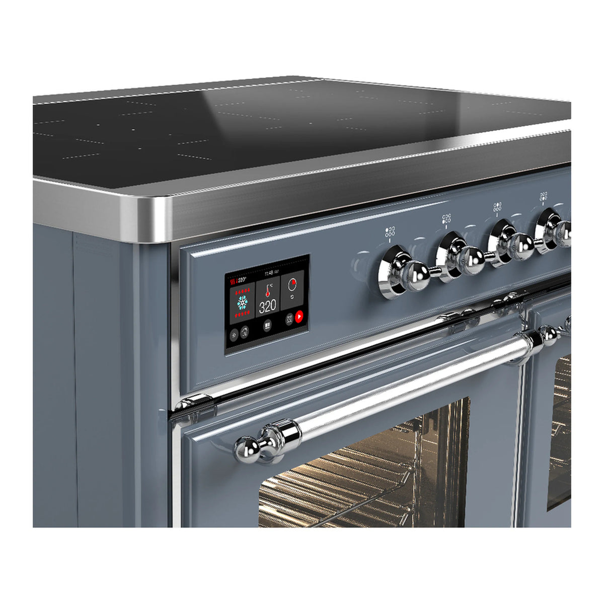 Blue-grey range control panel with digital display and chrome rotary knobs
