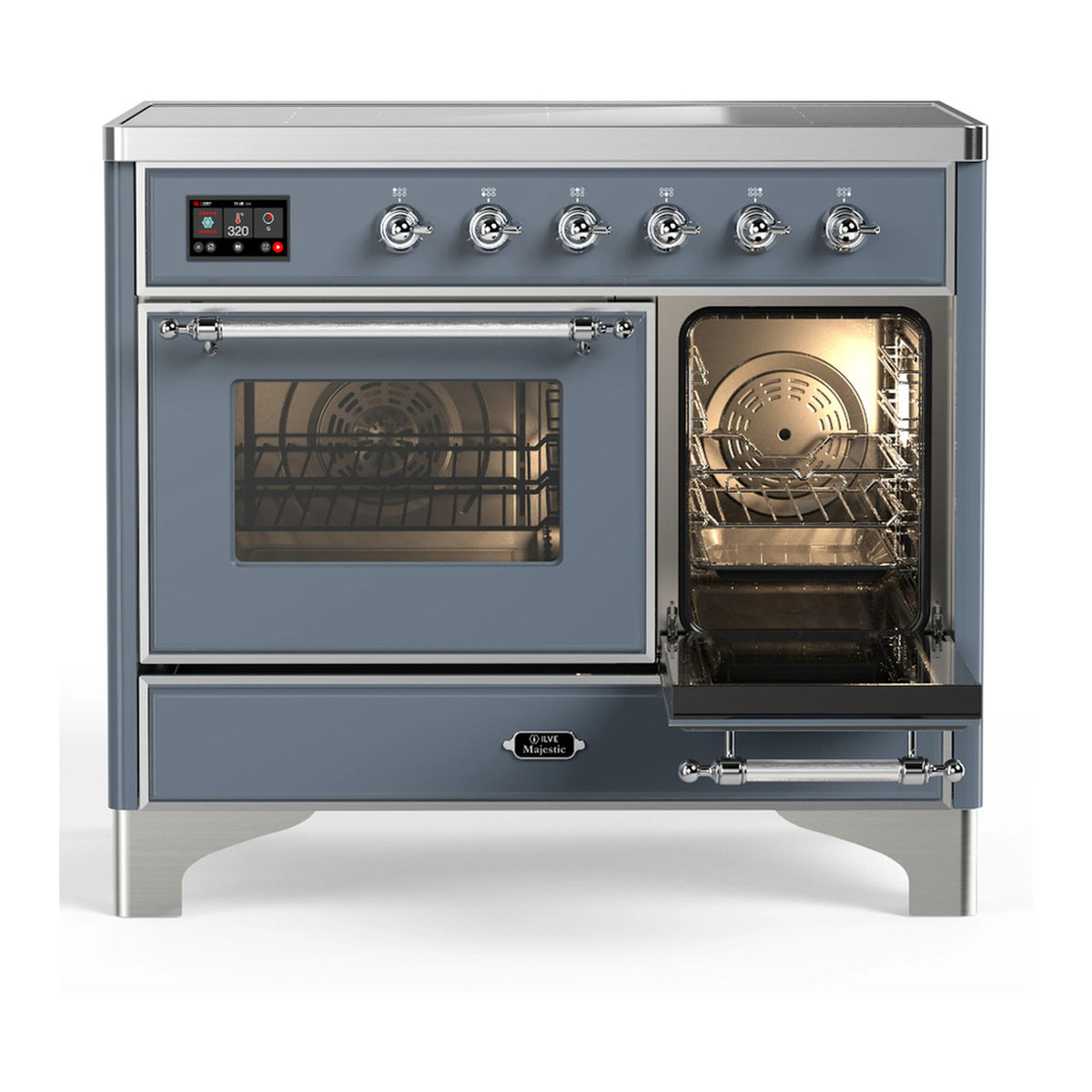 Blue-grey induction range with lit oven window, chrome knobs, and glass door