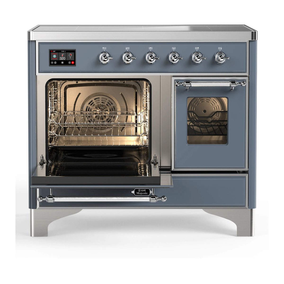 Blue-grey induction range with open oven door, lit interior, and chrome handle knobs