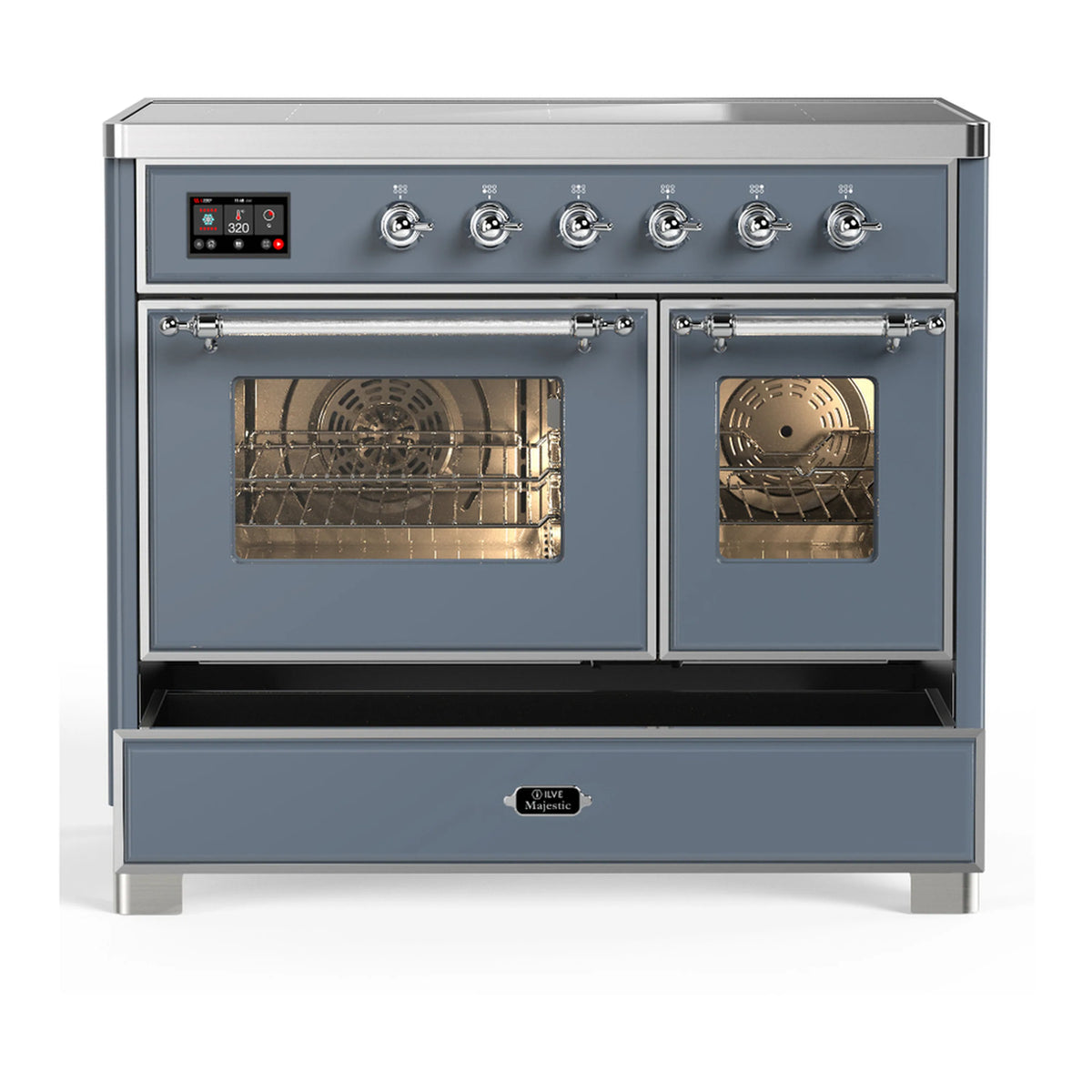 Blue-grey induction range with both oven doors open and chrome handles and knobs
