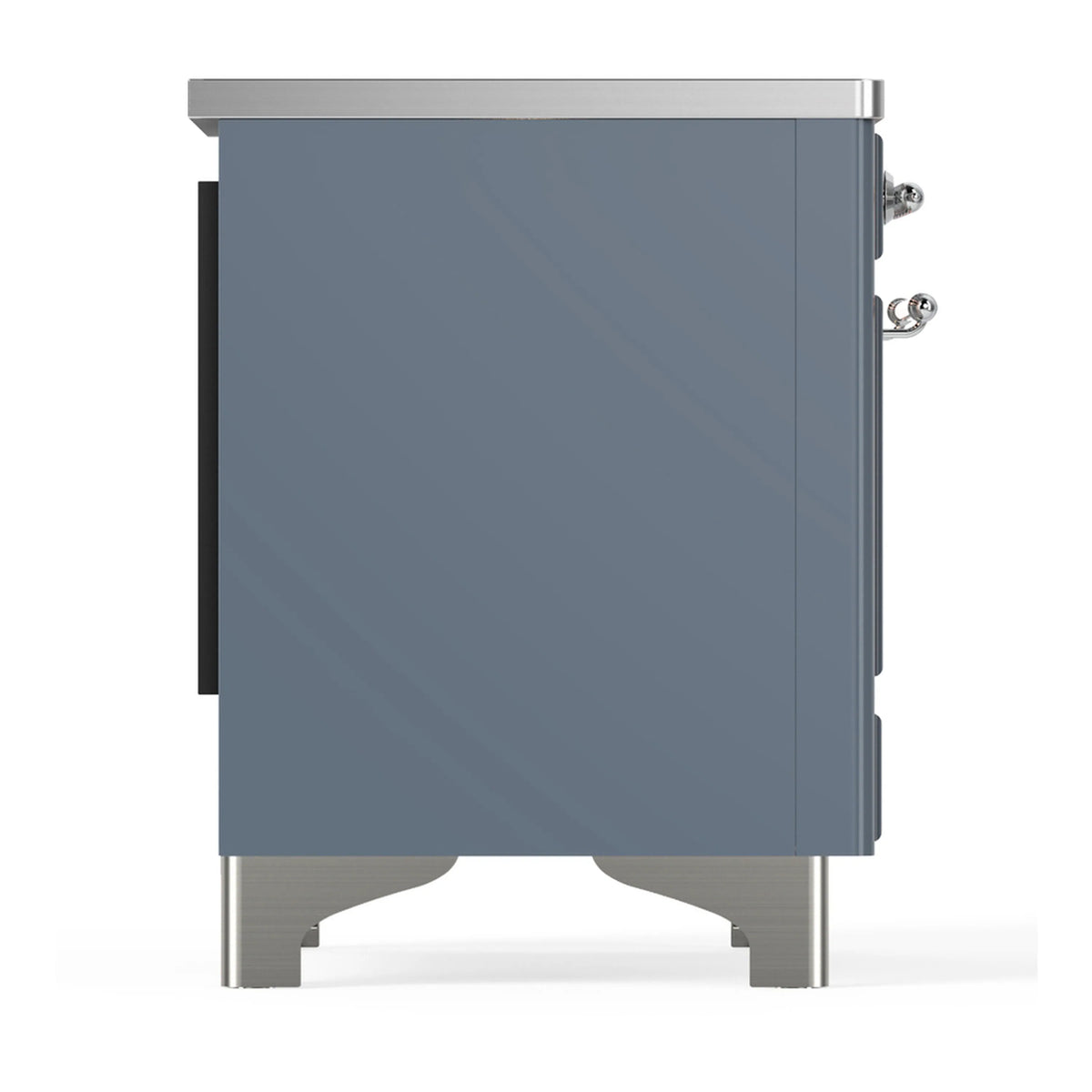 Blue-grey range side panel with chrome trim and rear corner knobs