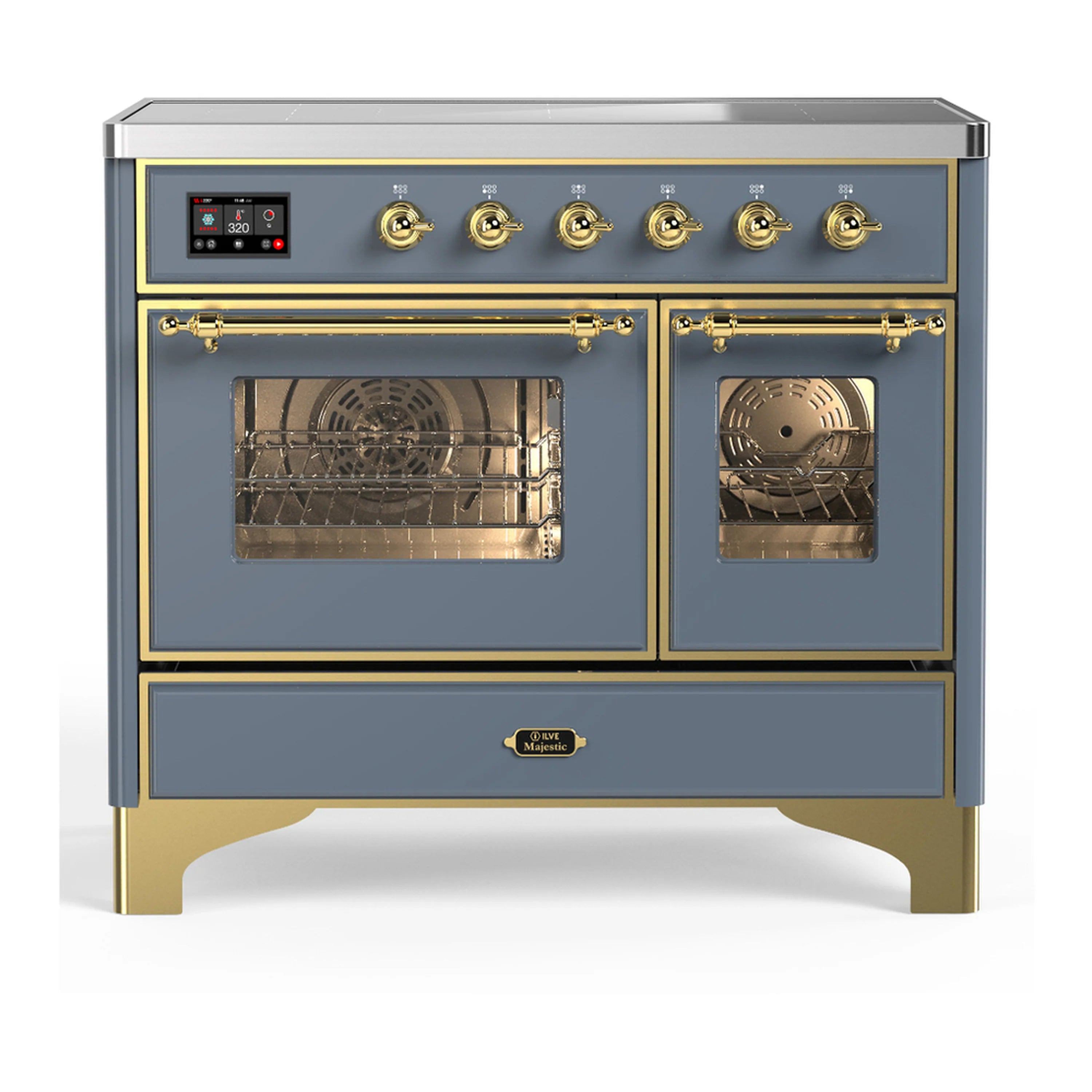 Blue grey induction range with brass trim; two oven doors with triple glass panels.