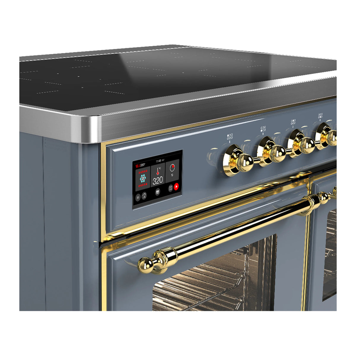 Blue grey induction range control panel with brass knobs and digital temperature display.