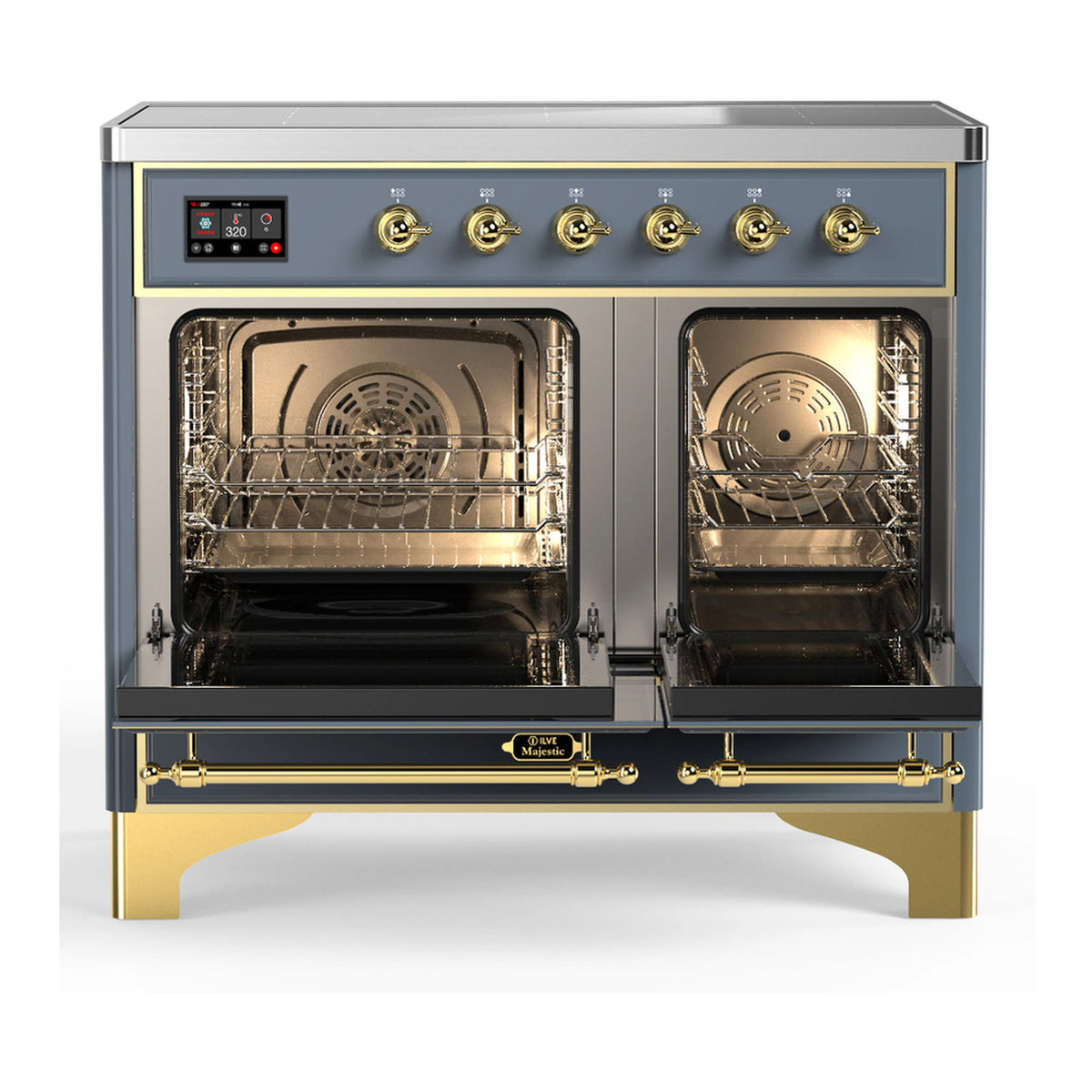 Blue grey induction range with two oven doors open; racks and fans visible through glass.