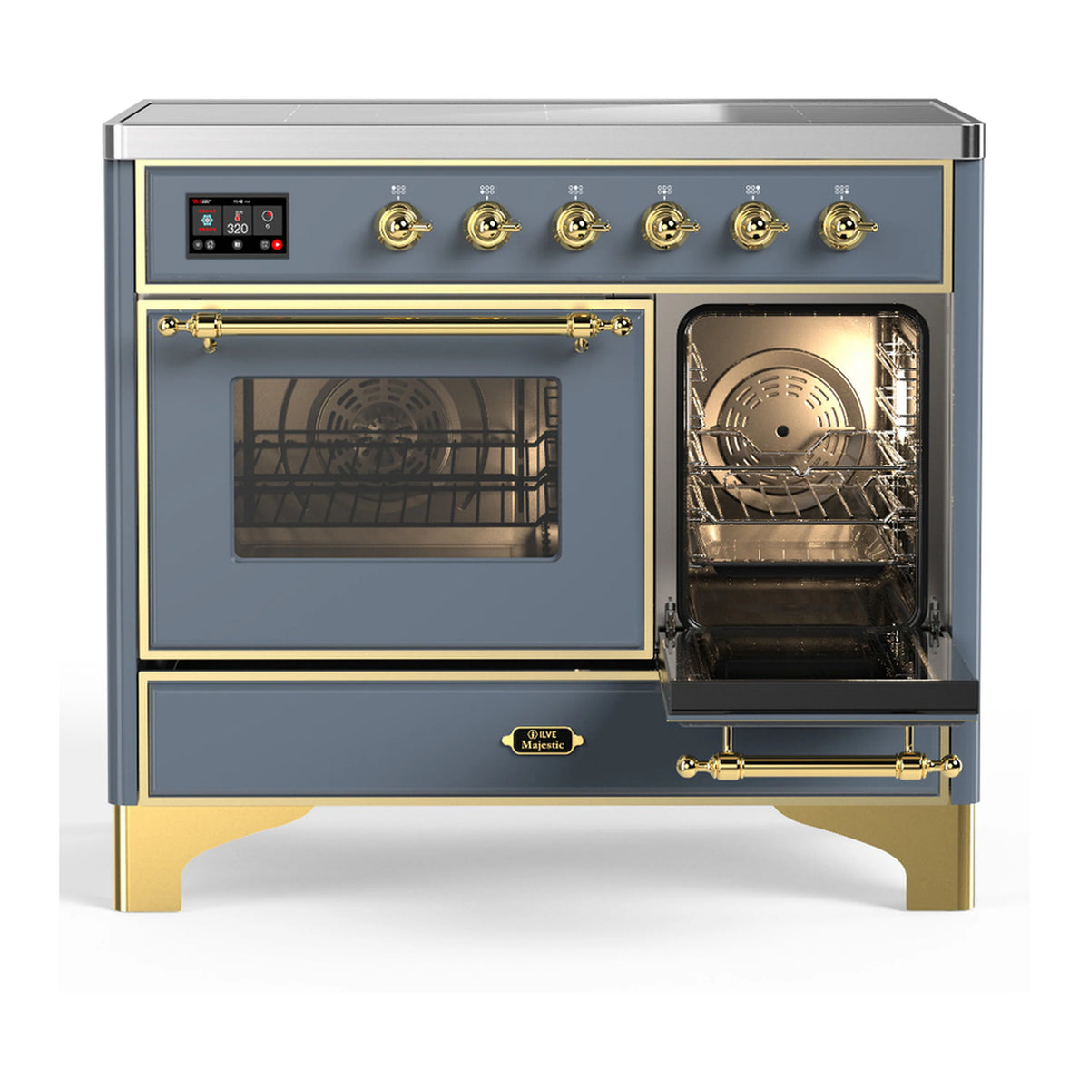 Blue grey induction range with brass trim; one oven door open and interior light on.