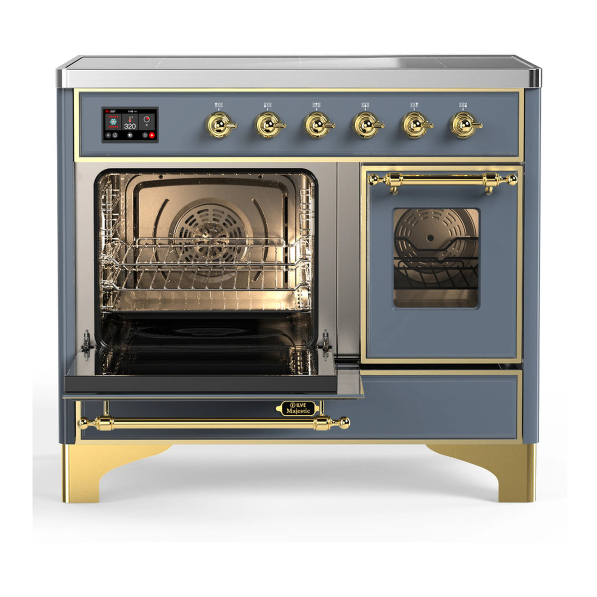 Blue grey induction range with open oven; wire racks and fan visible through glass door.