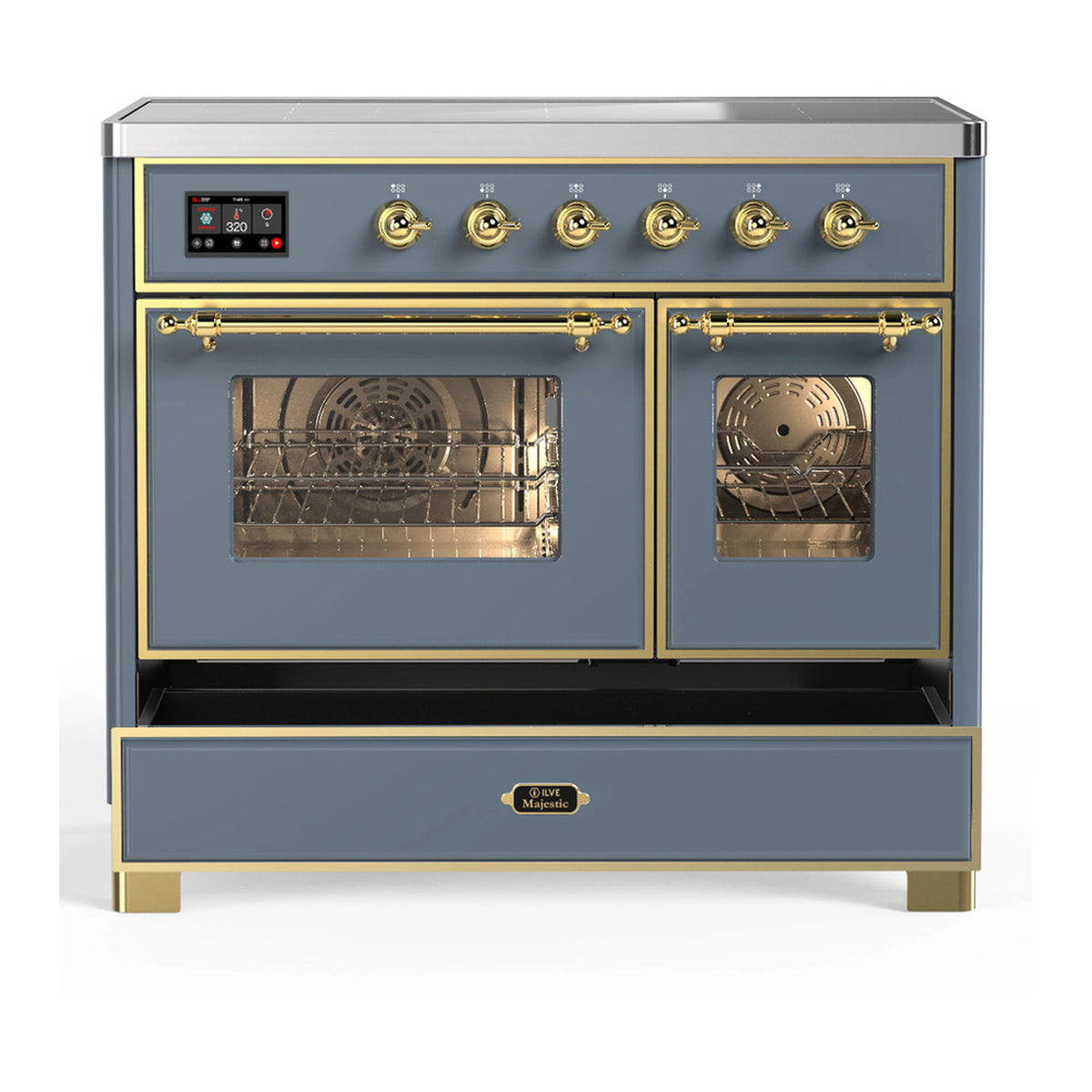 Blue grey induction range with brass trim; lower drawer open and top ovens closed.