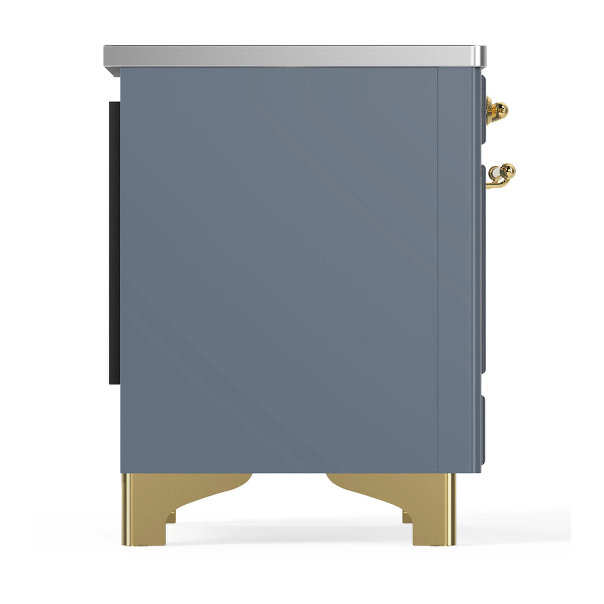 Blue grey induction range side panel with brass feet and brass handle hardware.