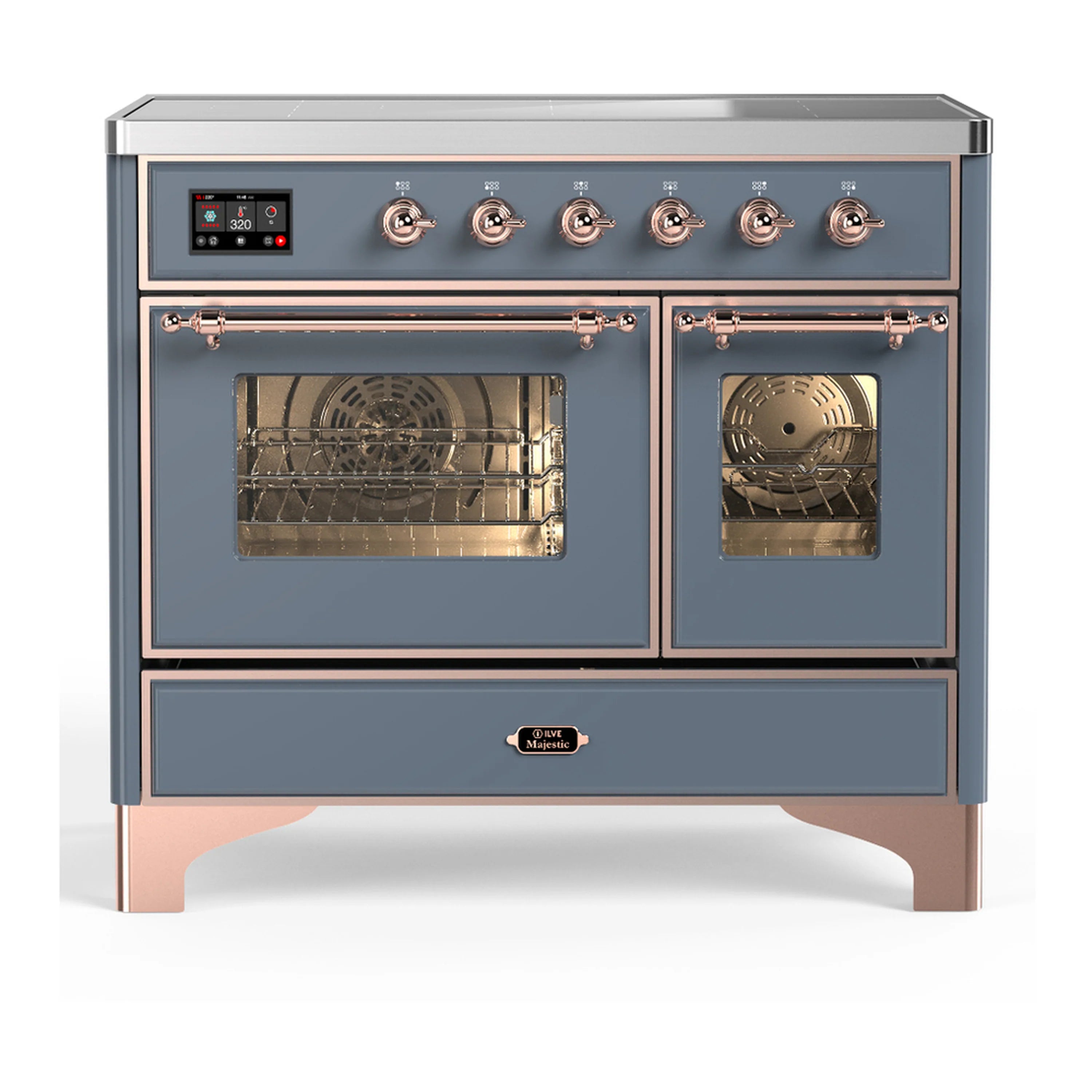 Blue-gray electric induction range with copper knobs and triple-glass oven doors