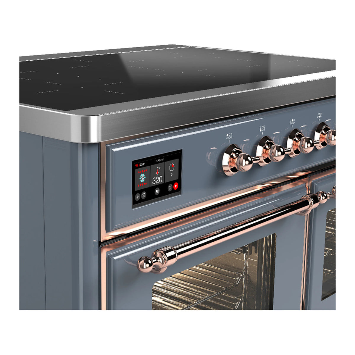 Blue-gray induction range control panel with copper knob row and temperature display