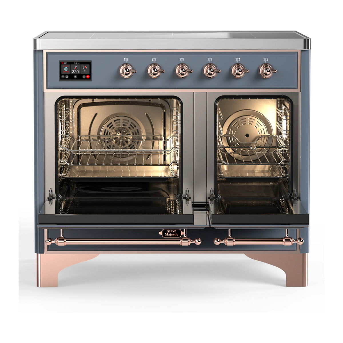 Blue-gray induction range with copper knobs and both oven doors open, interior lit