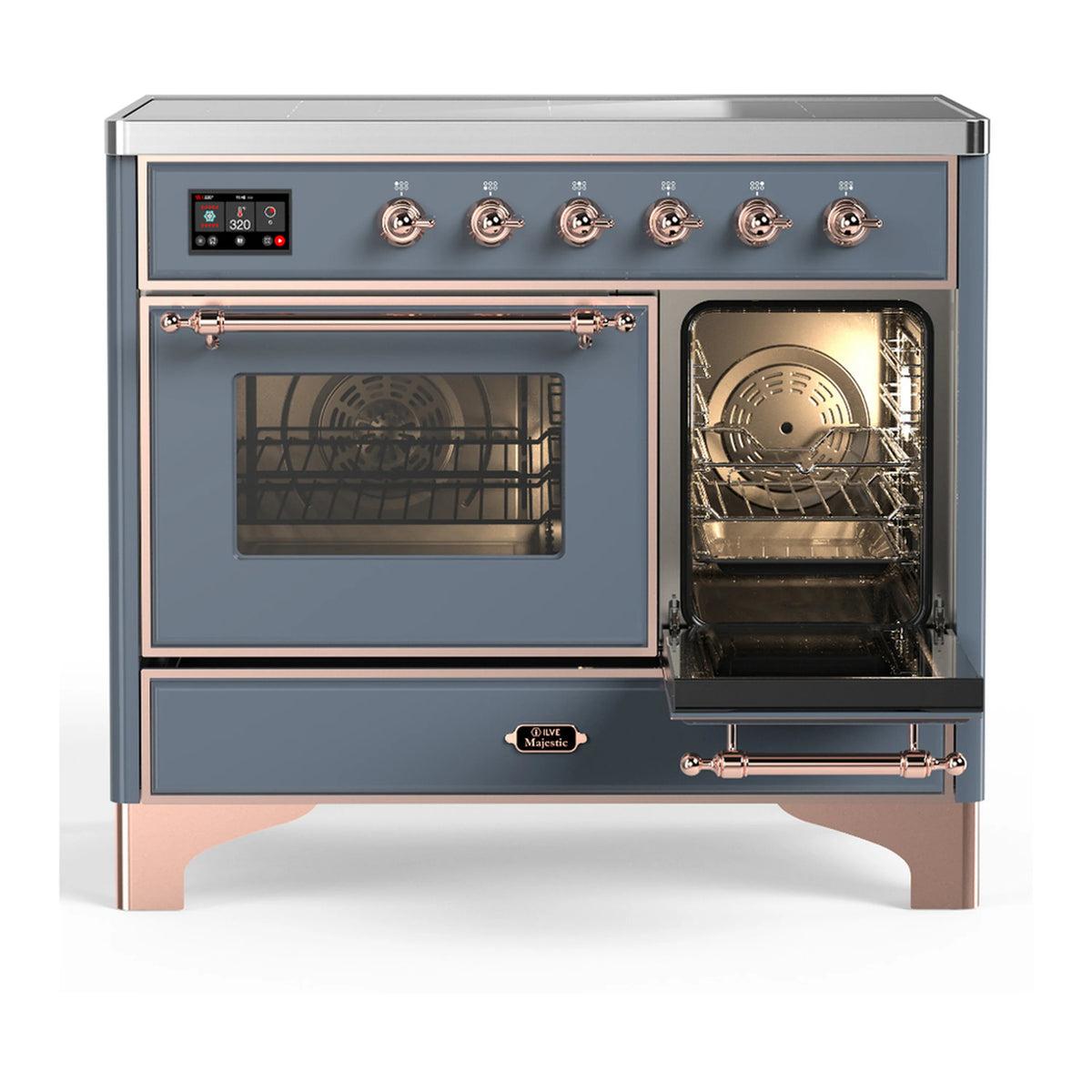 Blue-gray induction range with copper knobs; right oven door open with interior light