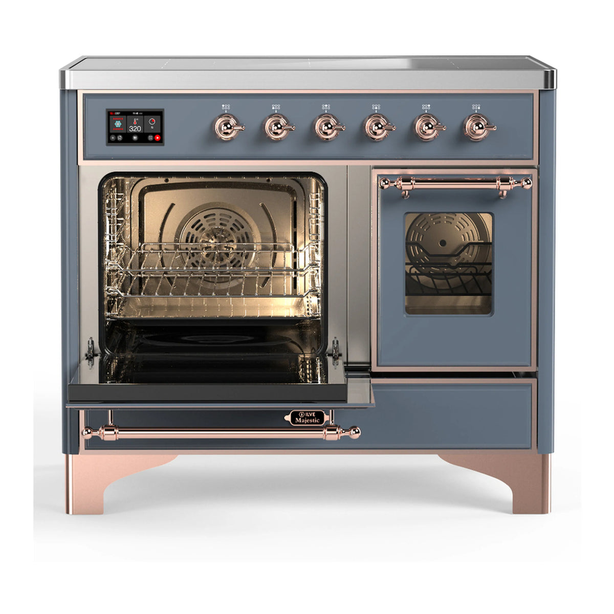 Blue-gray induction range with copper trim and both oven doors open, interior visible
