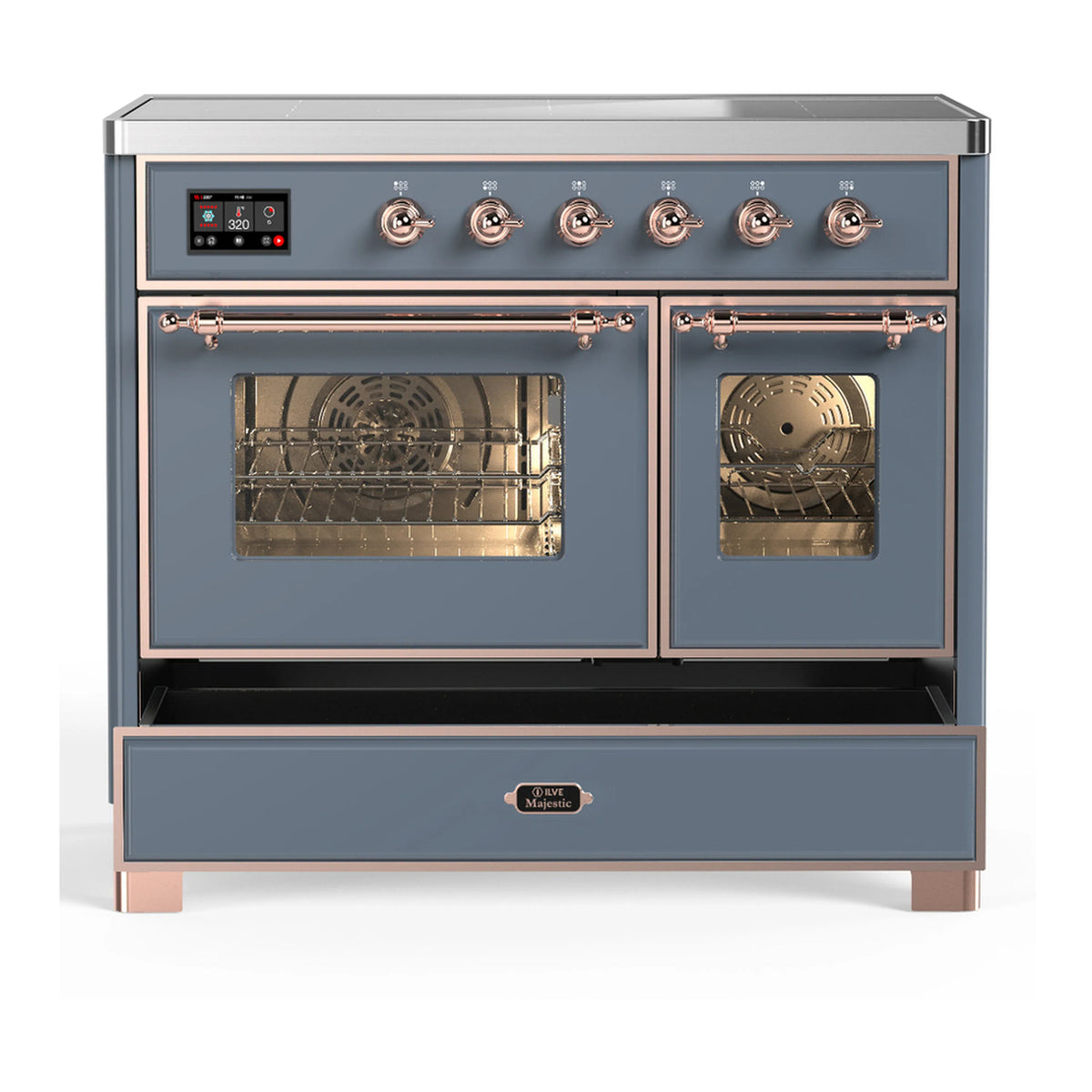 Blue-gray induction range with copper knobs; ovens open and lower storage drawer visible