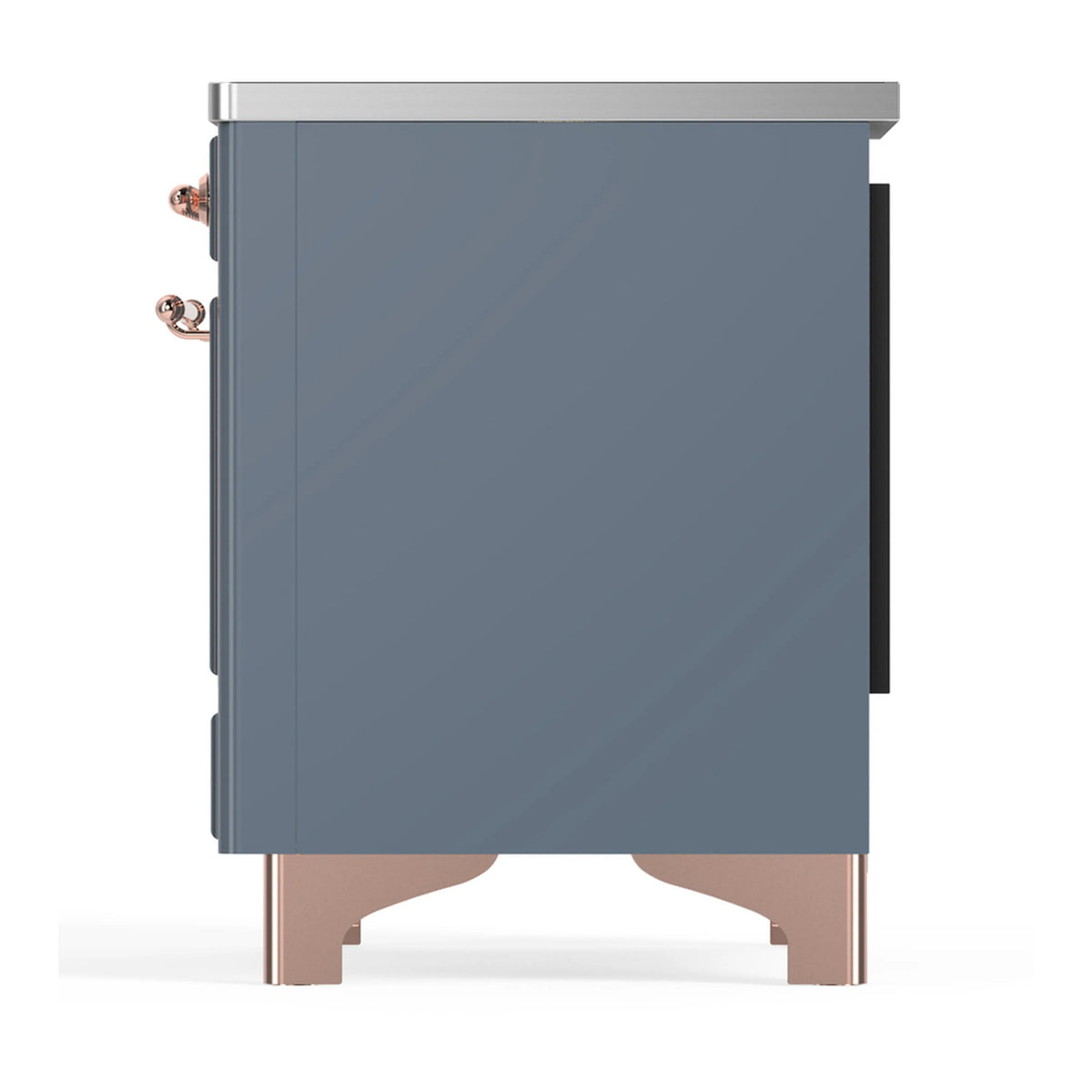 Blue-gray rear panel of induction range with copper hardware and pedestal feet