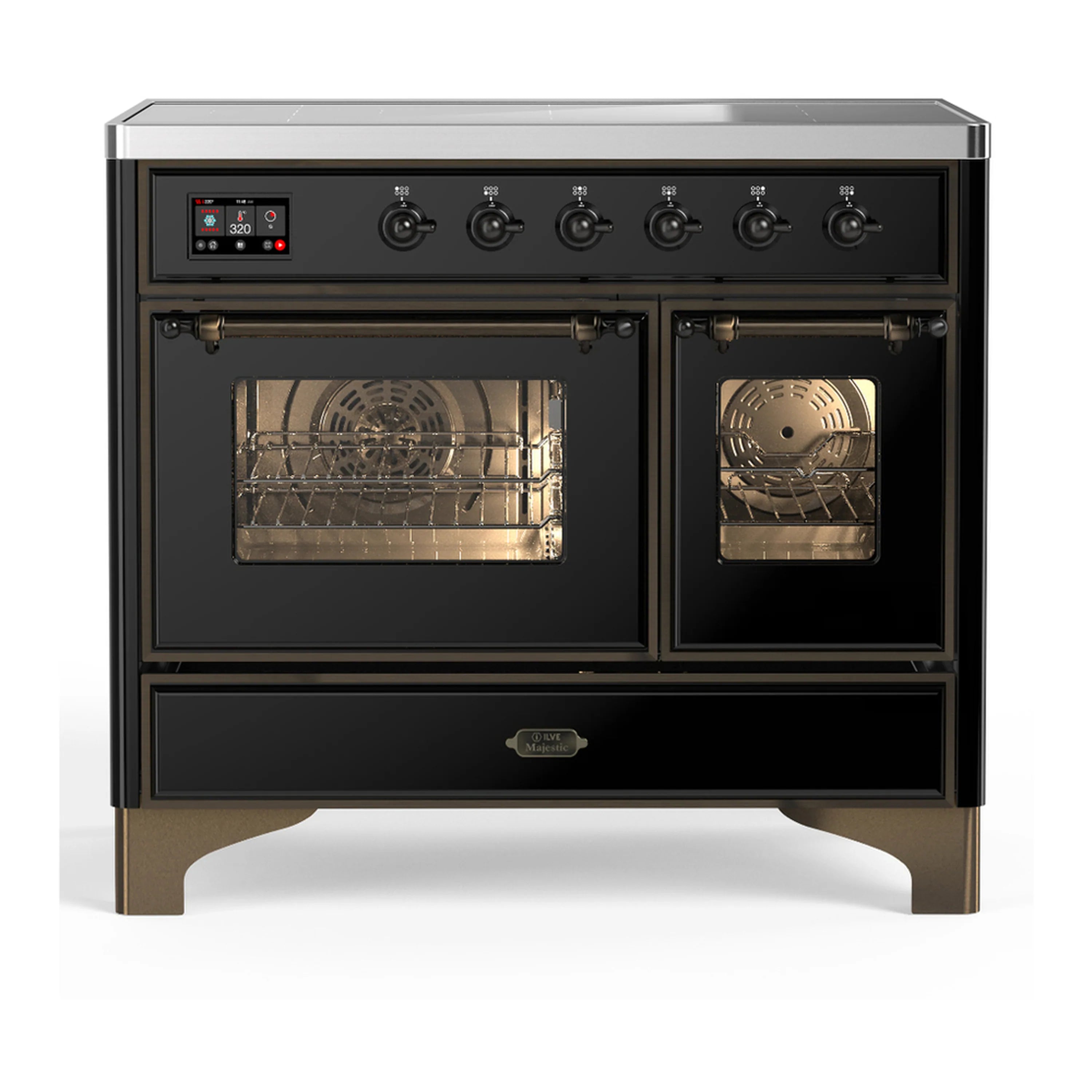 Glossy black induction range with two open ovens and control knobs