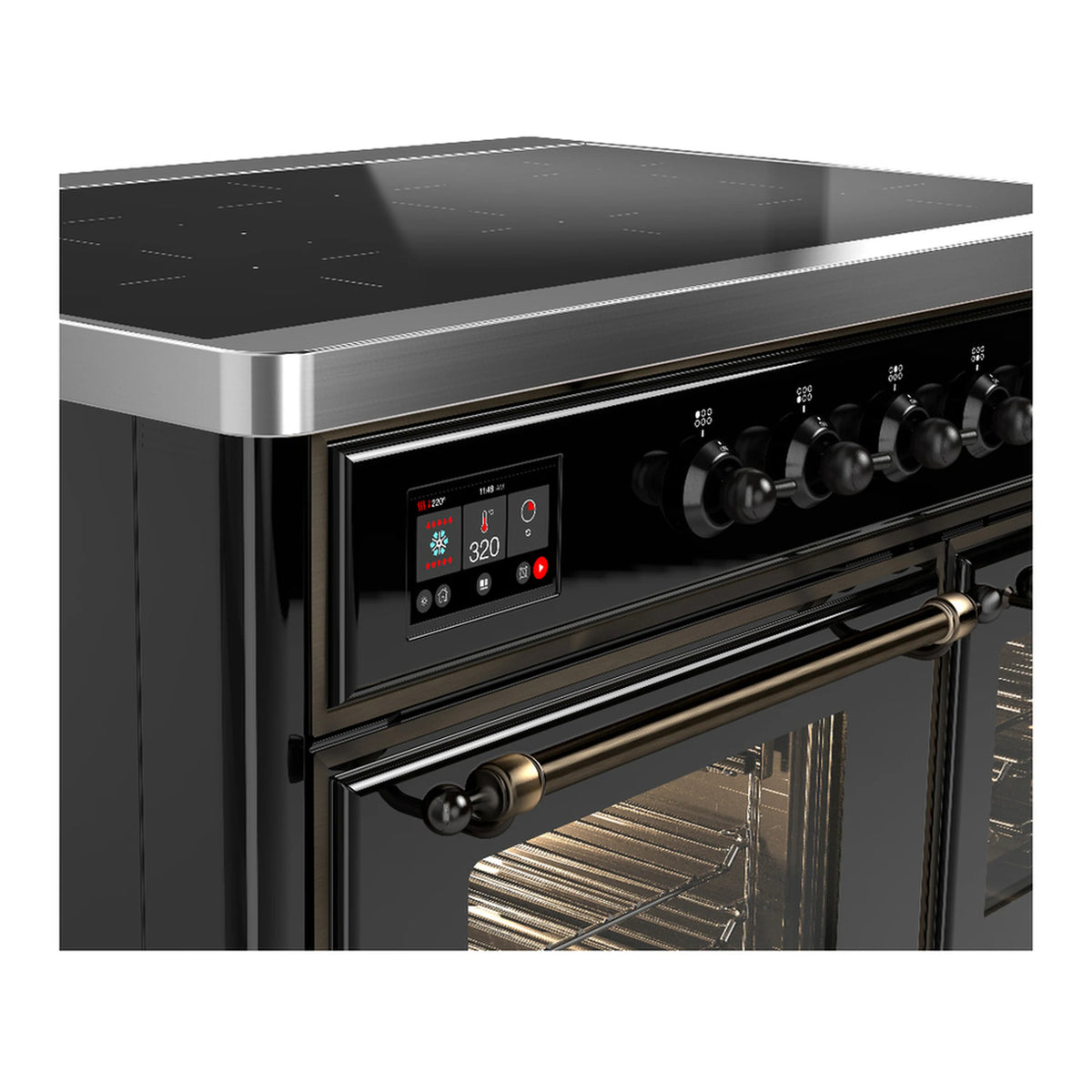 Black induction range control panel with digital display and round burner knobs