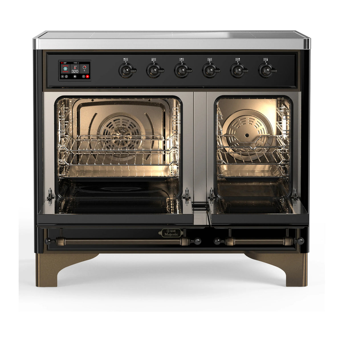 Black induction range with both oven doors open showing racks and interior fan