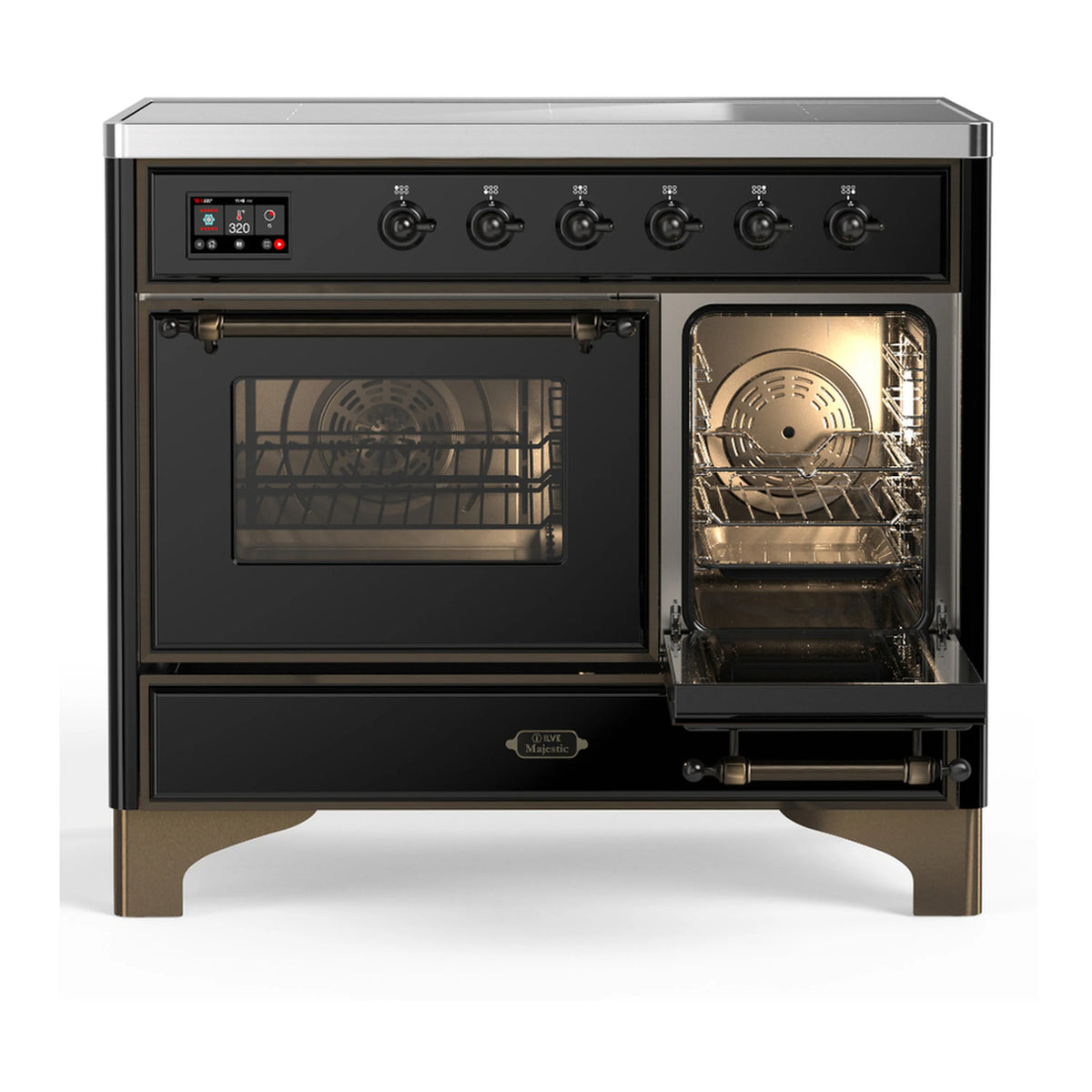 Black induction range with left oven door open and right oven door closed