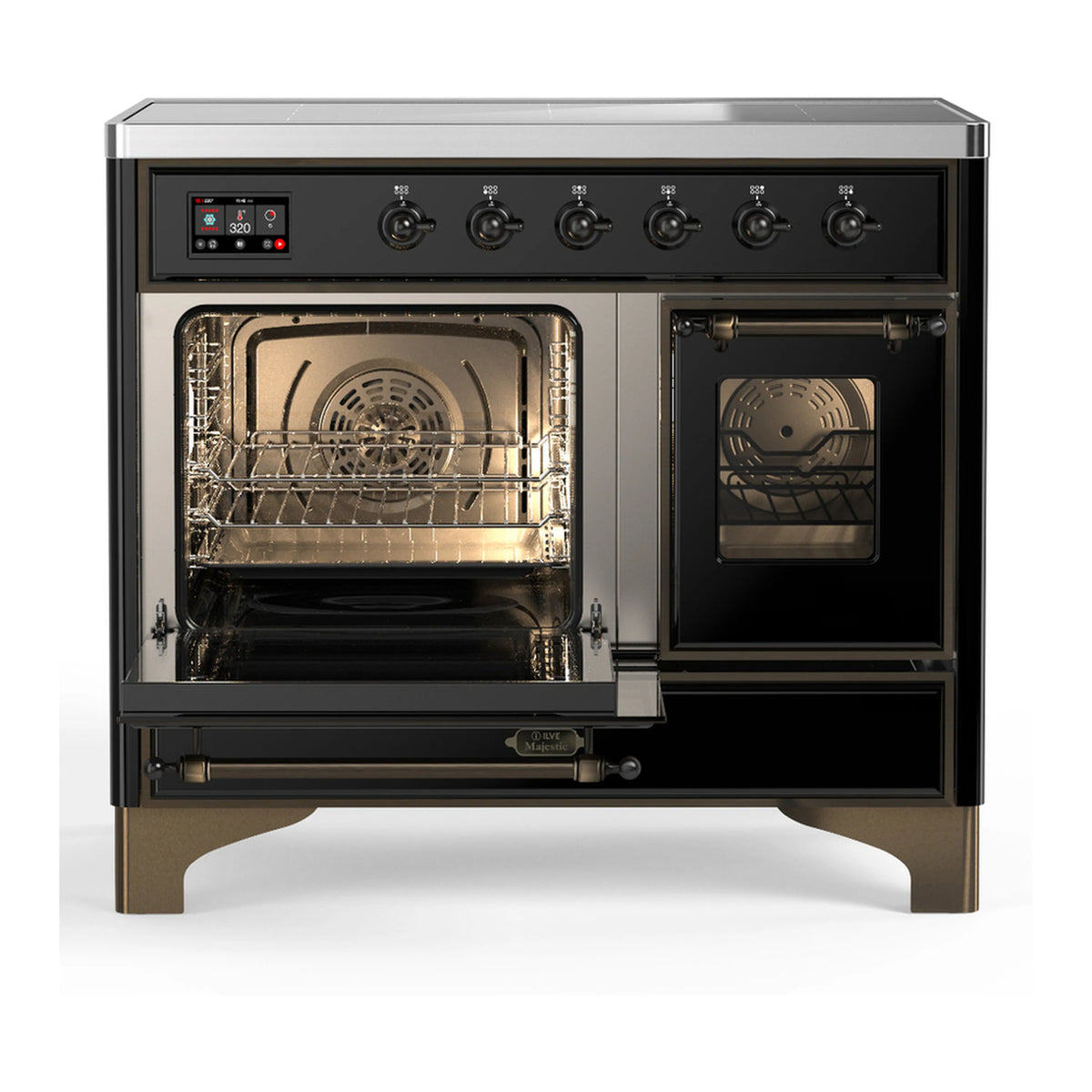 Black induction range with both oven doors closed and front burner controls
