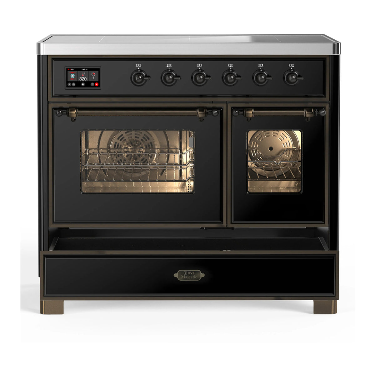Glossy black induction range front view with oven doors open and burner controls