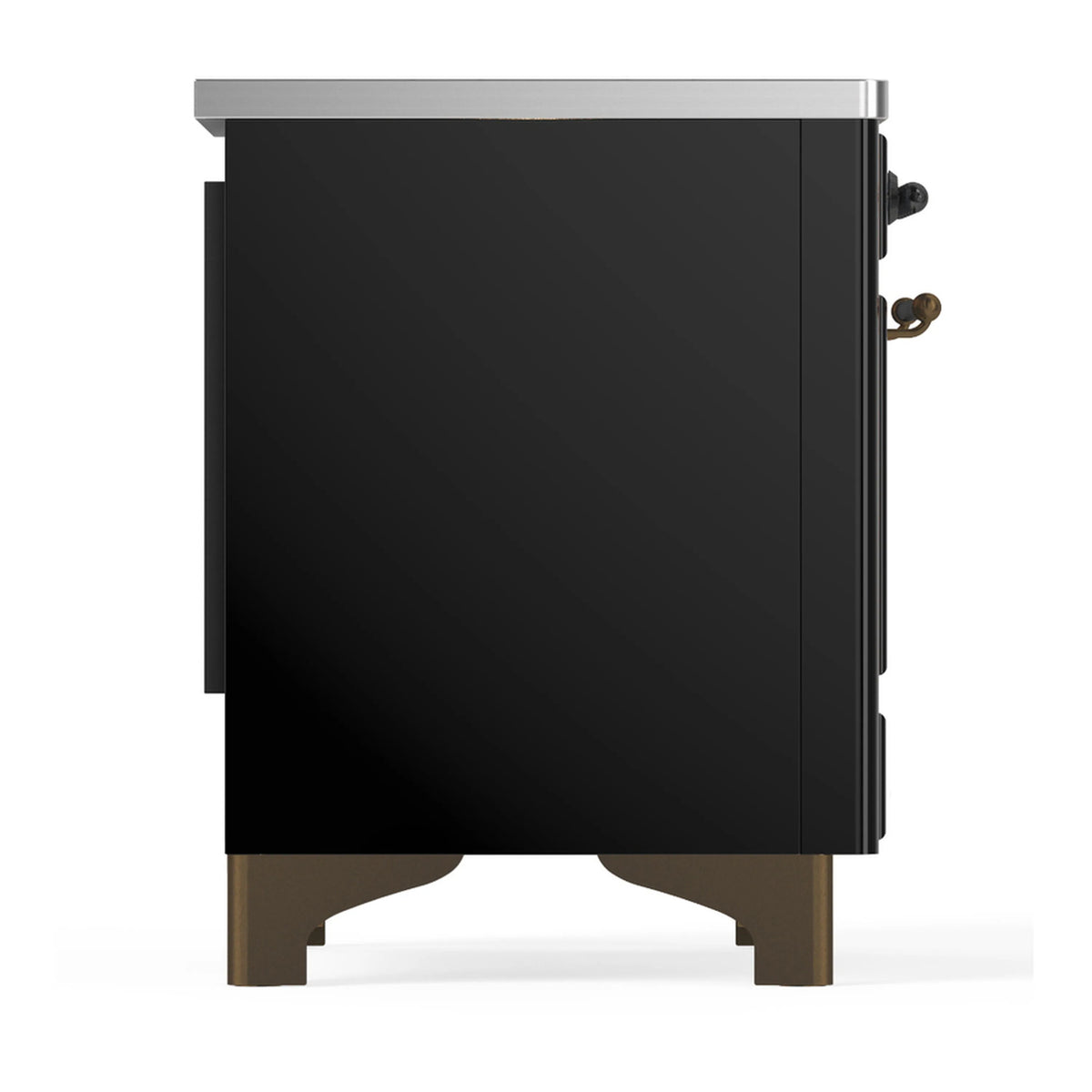 Black induction range side panel with brushed metal top and bronze handle detail