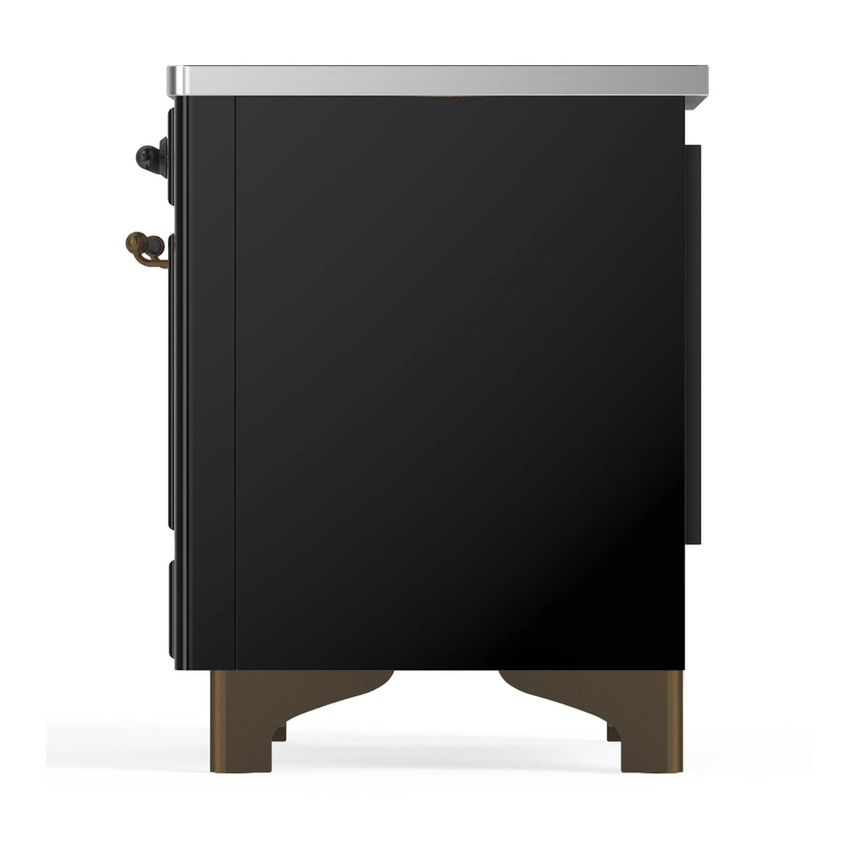 Black induction range side panel with brushed metal top and bronze hinge hardware