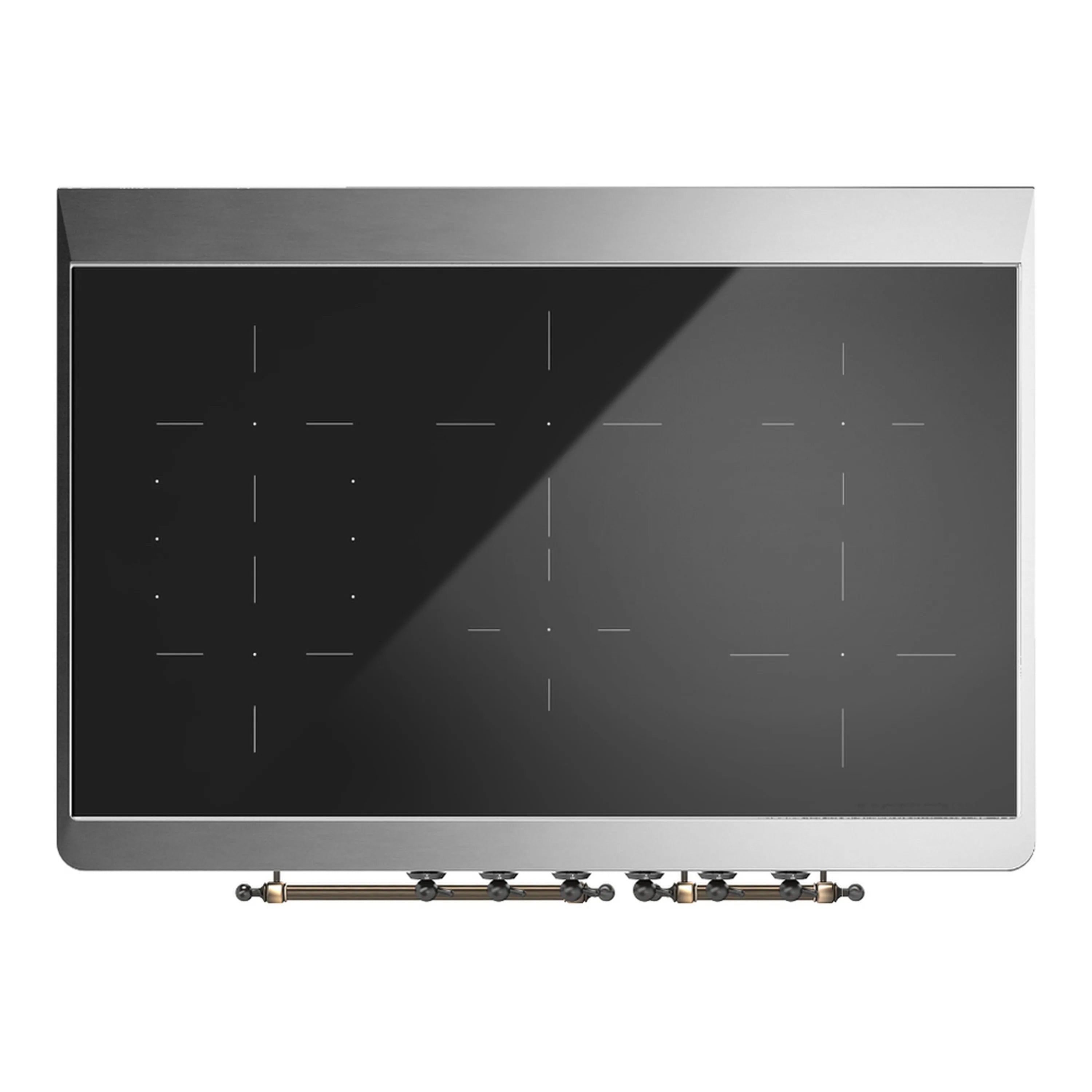 Black cooktop control panel with burner controls and vented surface pattern