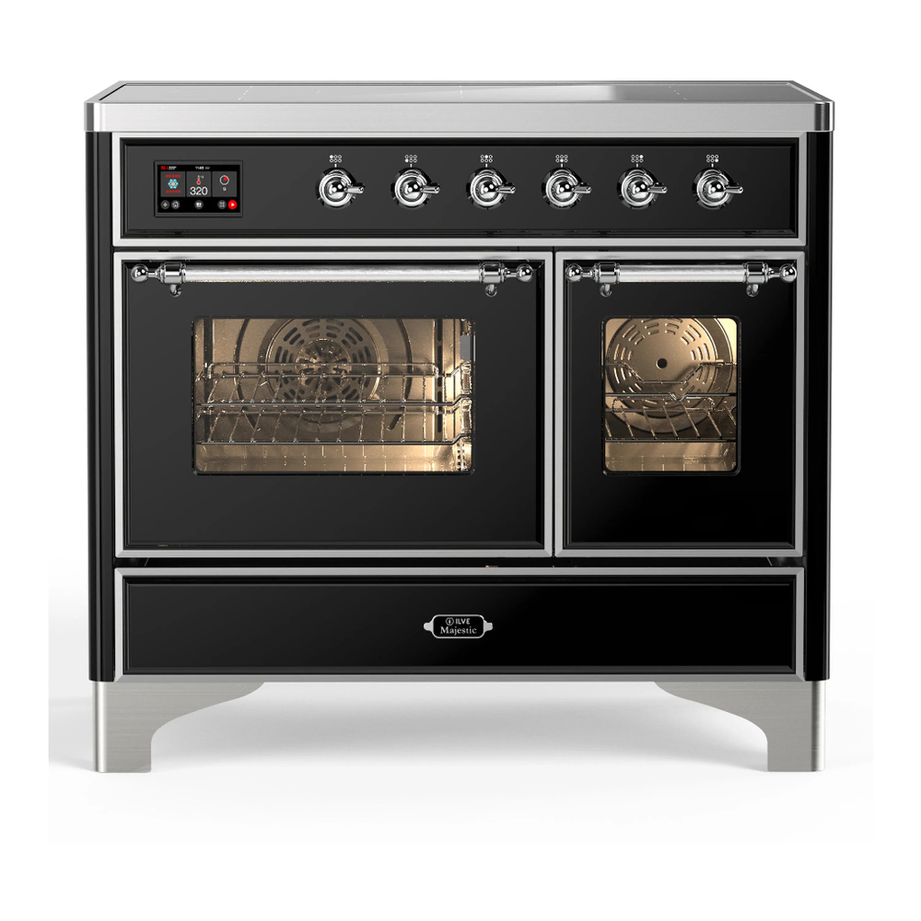 Glossy black induction range with chrome trim, dual oven doors, and knob control panel