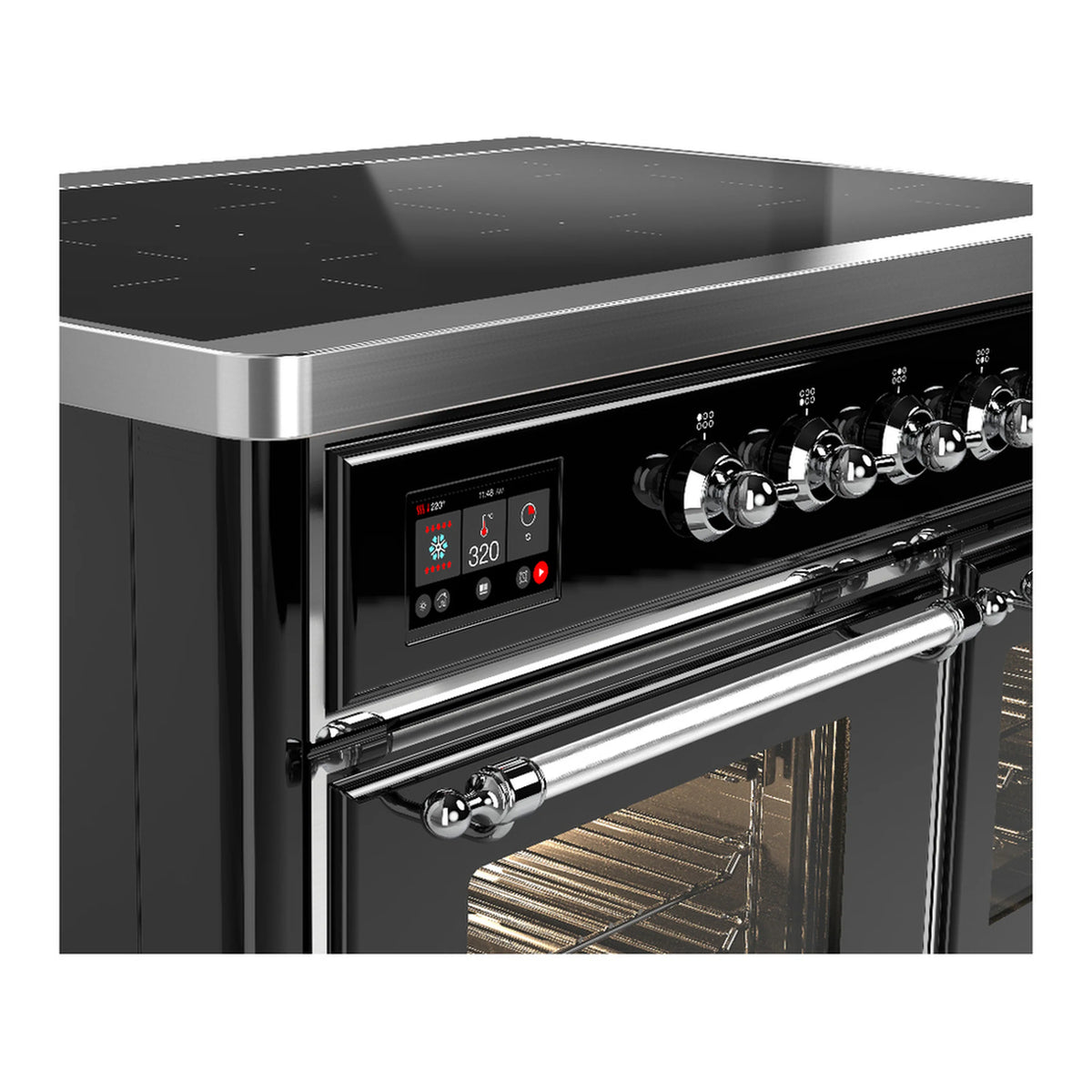 Glossy black induction range control panel with digital display and chrome knob handles