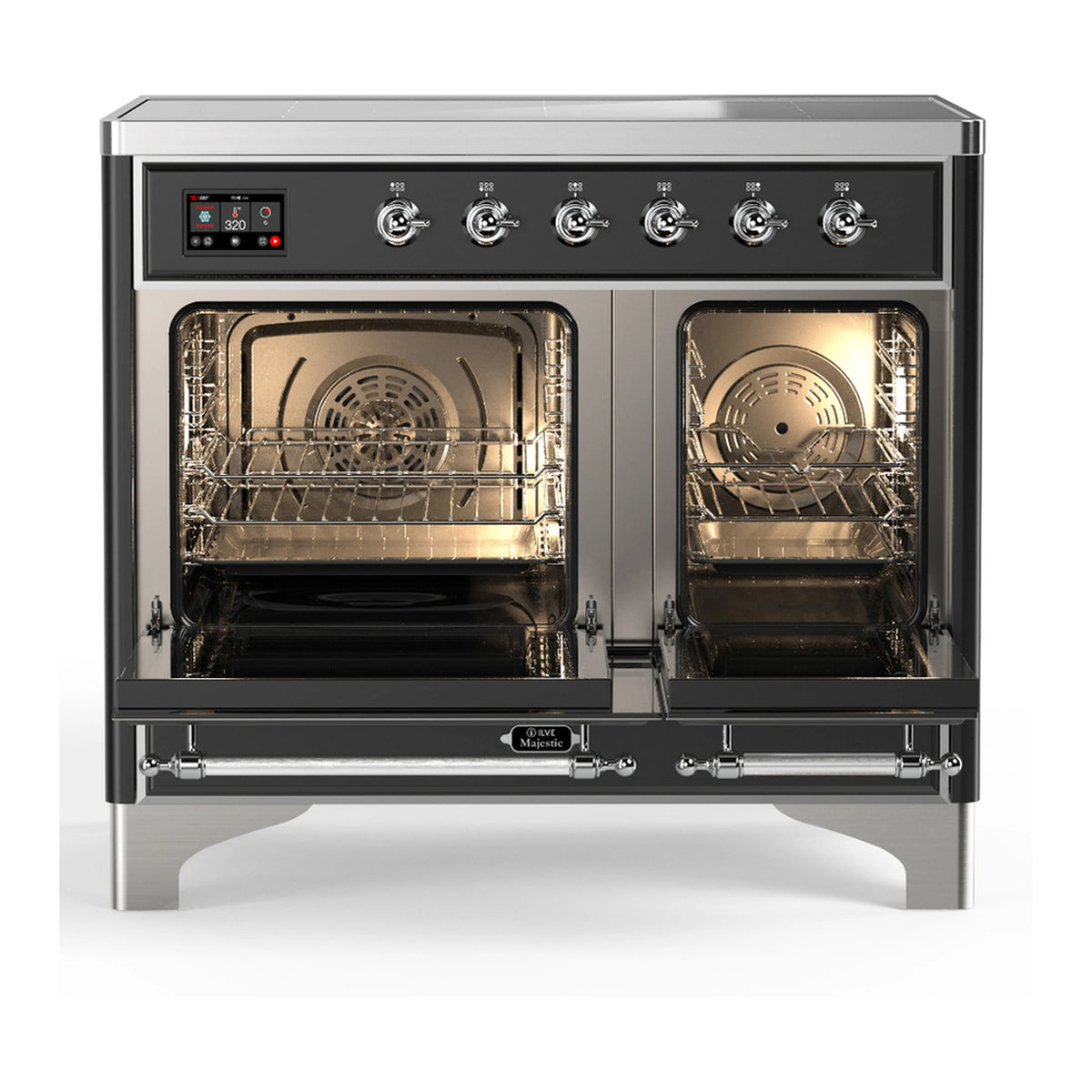 Glossy black induction range with two oven doors open, showing racks inside electric ovens