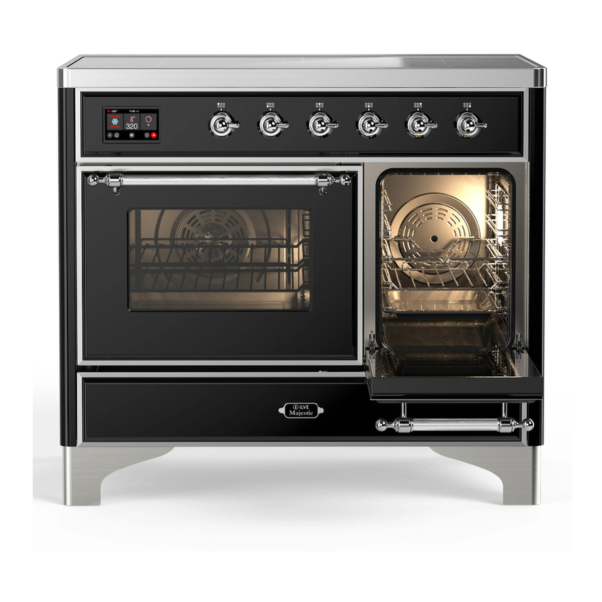 Glossy black induction range with left oven door closed and right door open, chrome trim