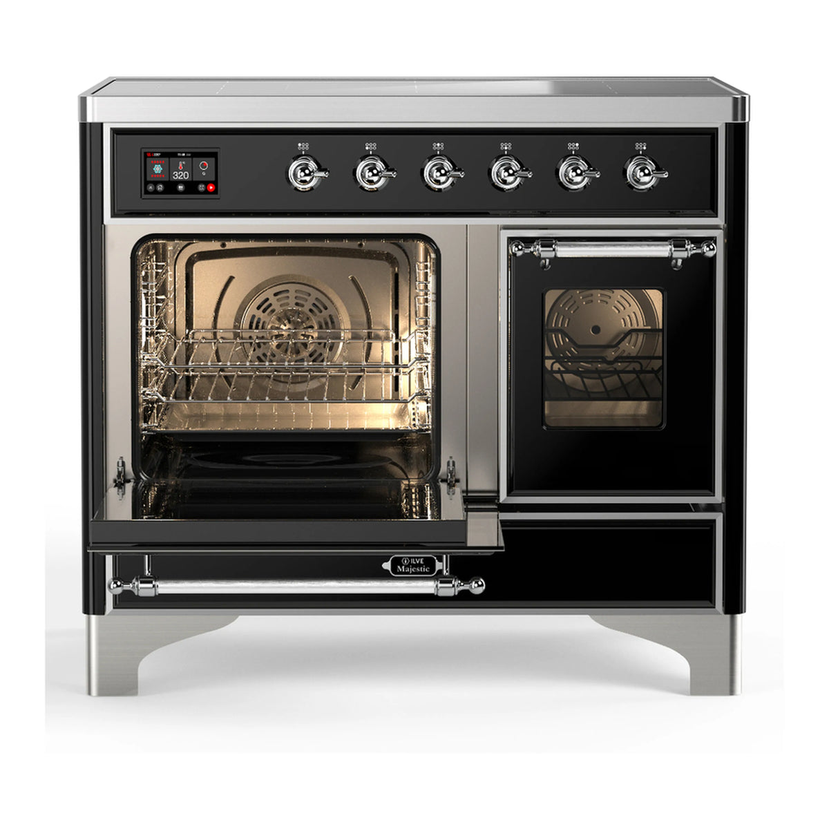 Glossy black induction range with both ovens open, wire racks and oven lighting visible