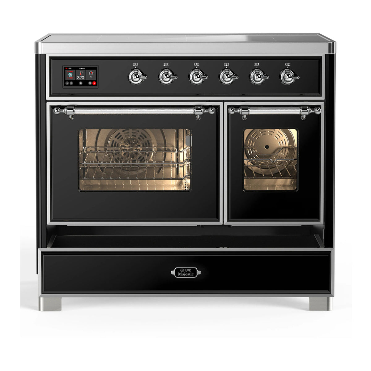 Glossy black induction range with both oven doors closed and warming drawer open