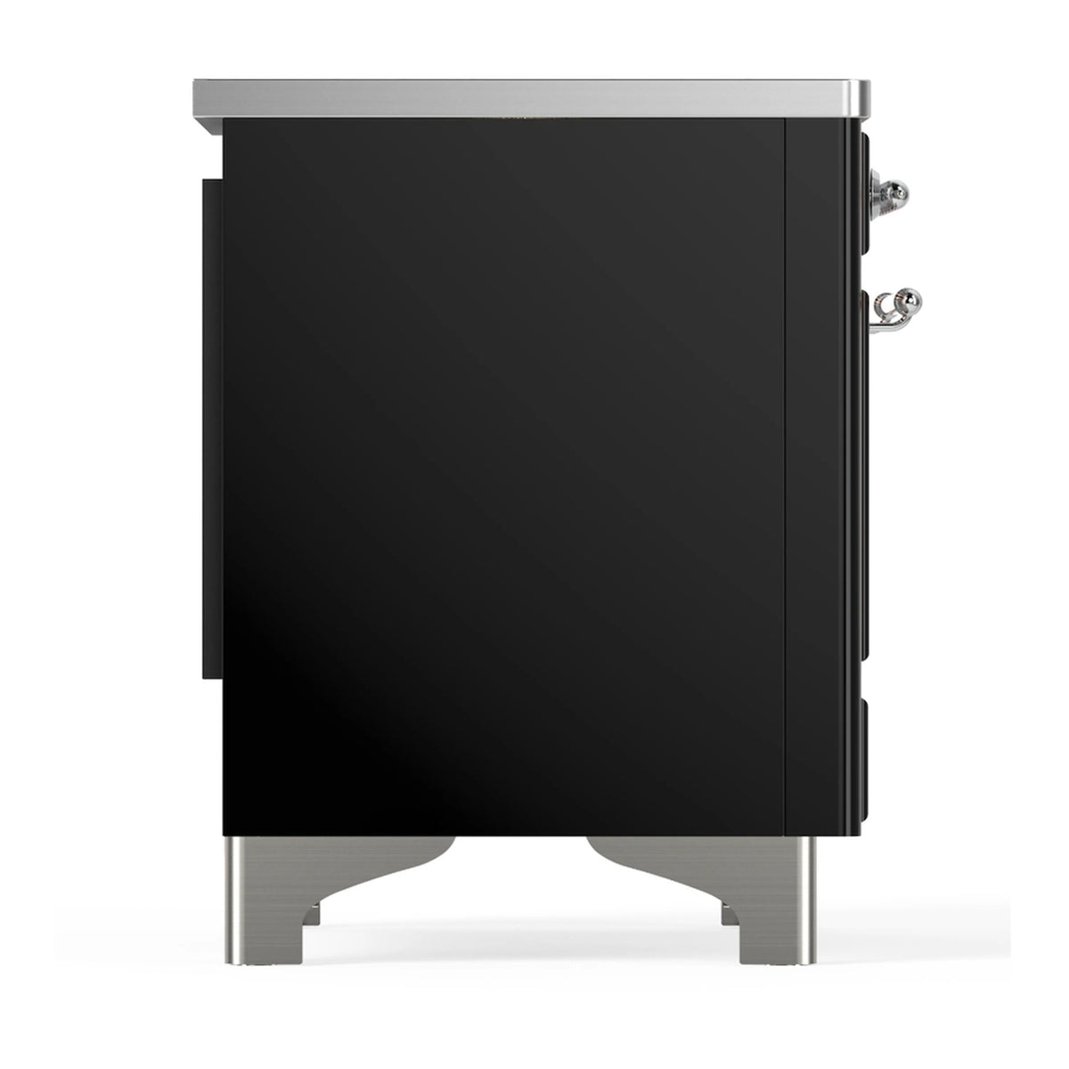 Glossy black back panel of an induction range with chrome trim and side connection knobs