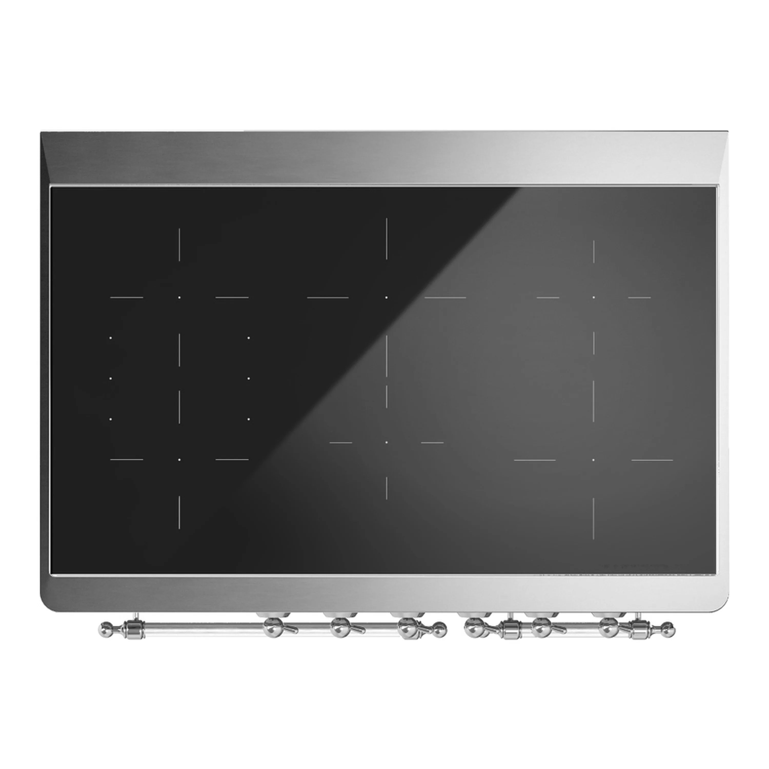 Glossy black oven front panel close-up with vent slots and row of chrome control knobs