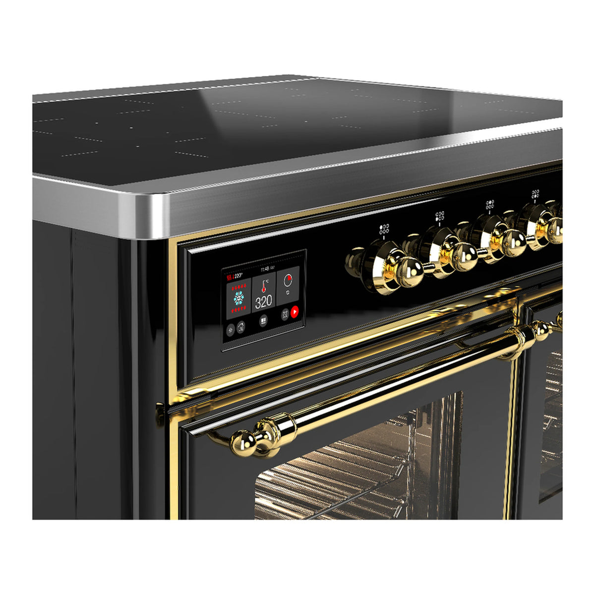 Black induction range oven door with brass handle and control panel display