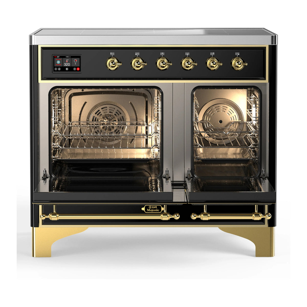 Glossy black induction range with open oven doors showing racks and interior light