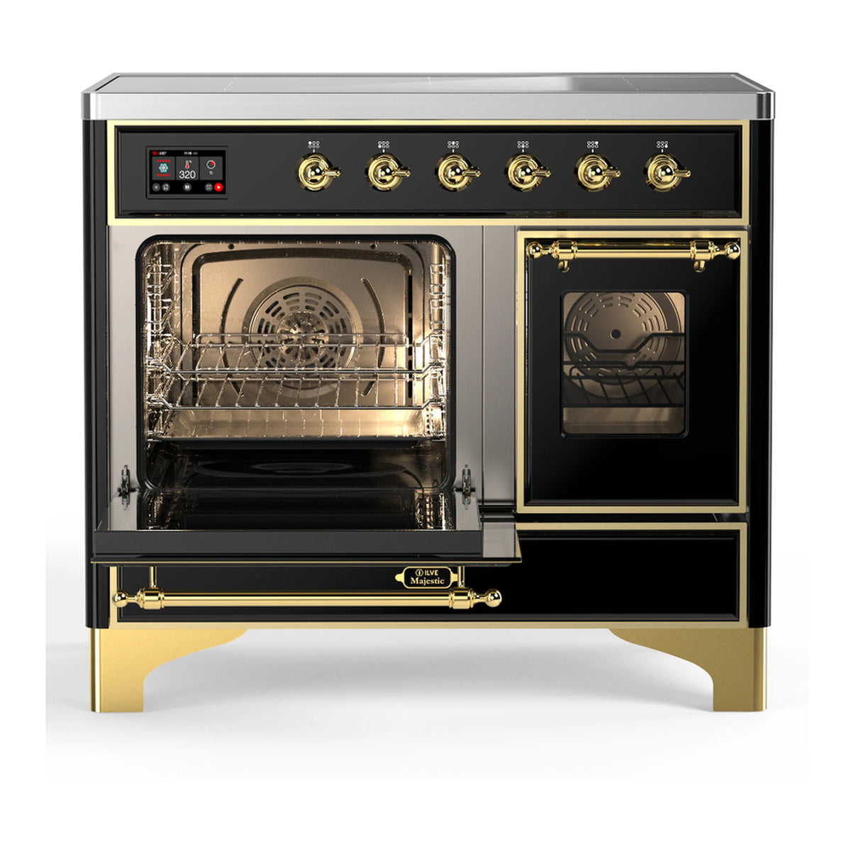 Black induction range with two oven doors open and brass accents on handles
