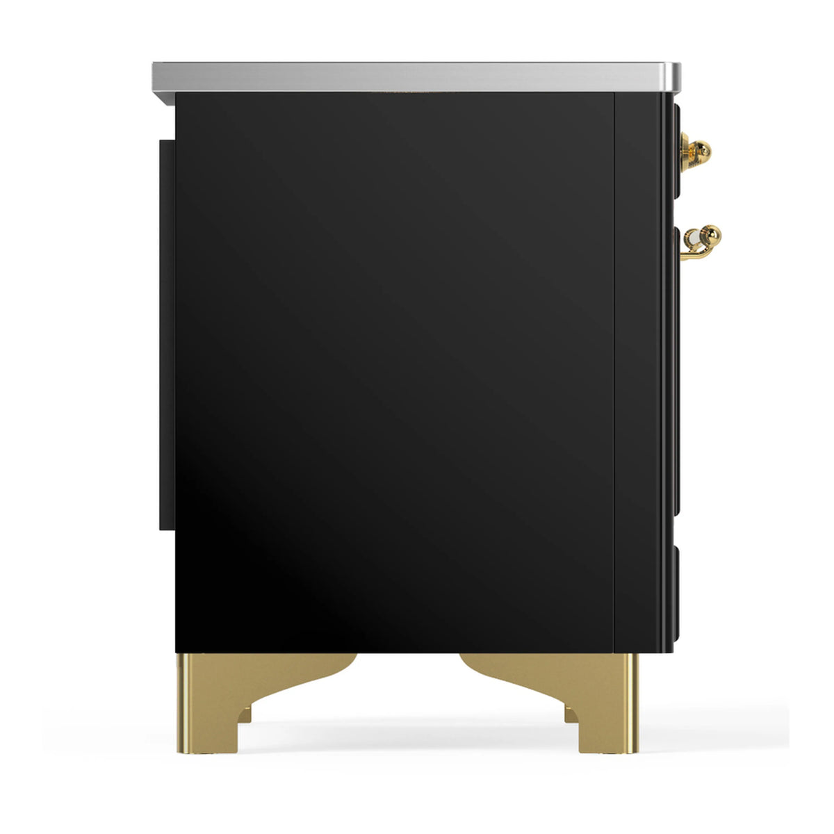 Black induction range side panel with brass feet and small brass side handle