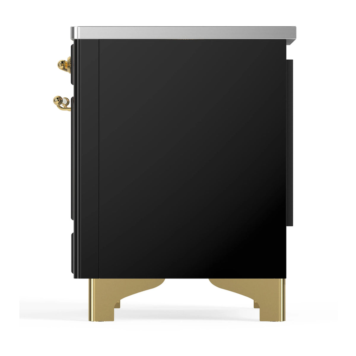 Black induction range back corner with brass knobs and brass feet