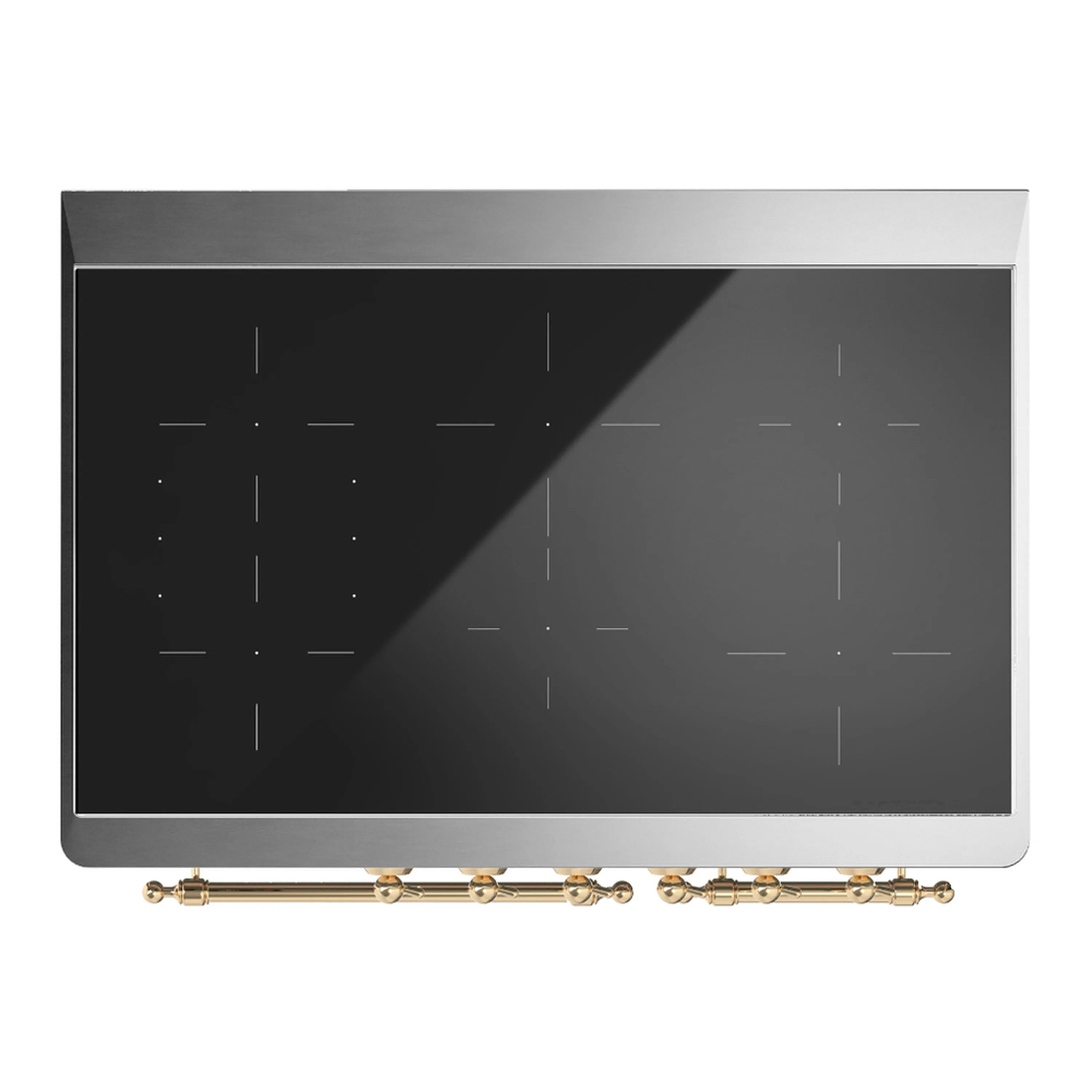Black induction range back panel with brass control knobs and metal top edge