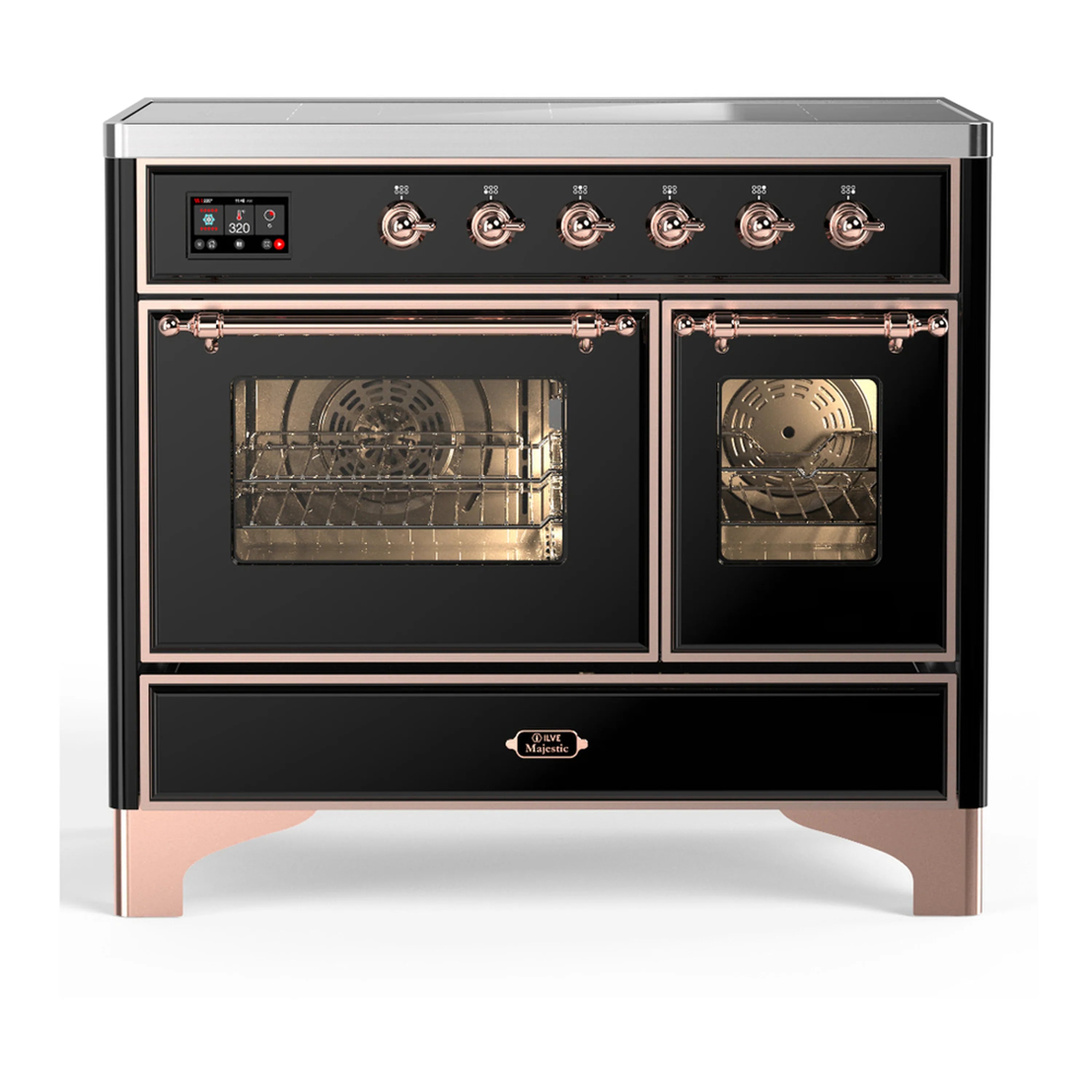 Glossy black induction range with double oven doors, copper trim, and control knobs