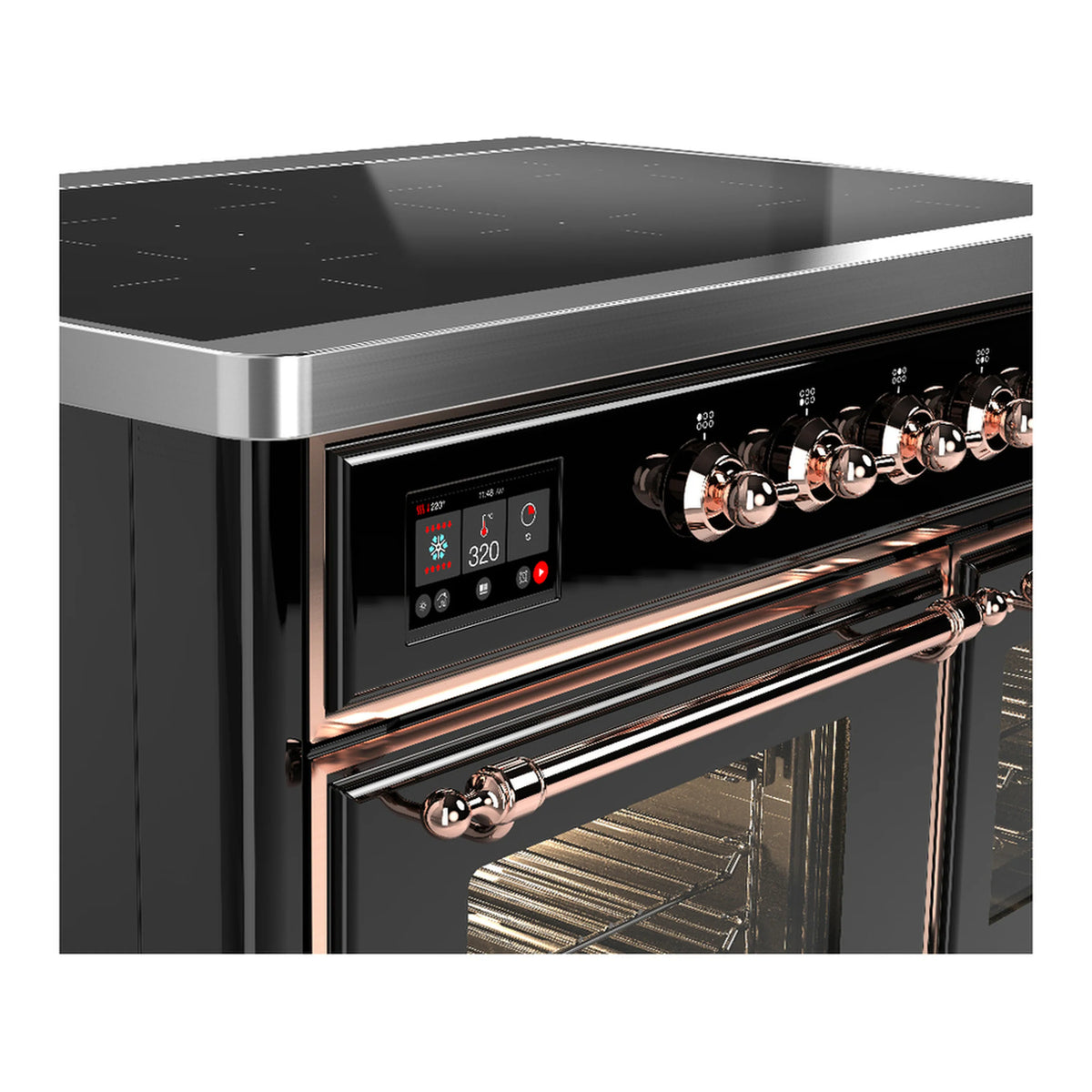 Glossy black induction range control panel with digital display and copper oven handle