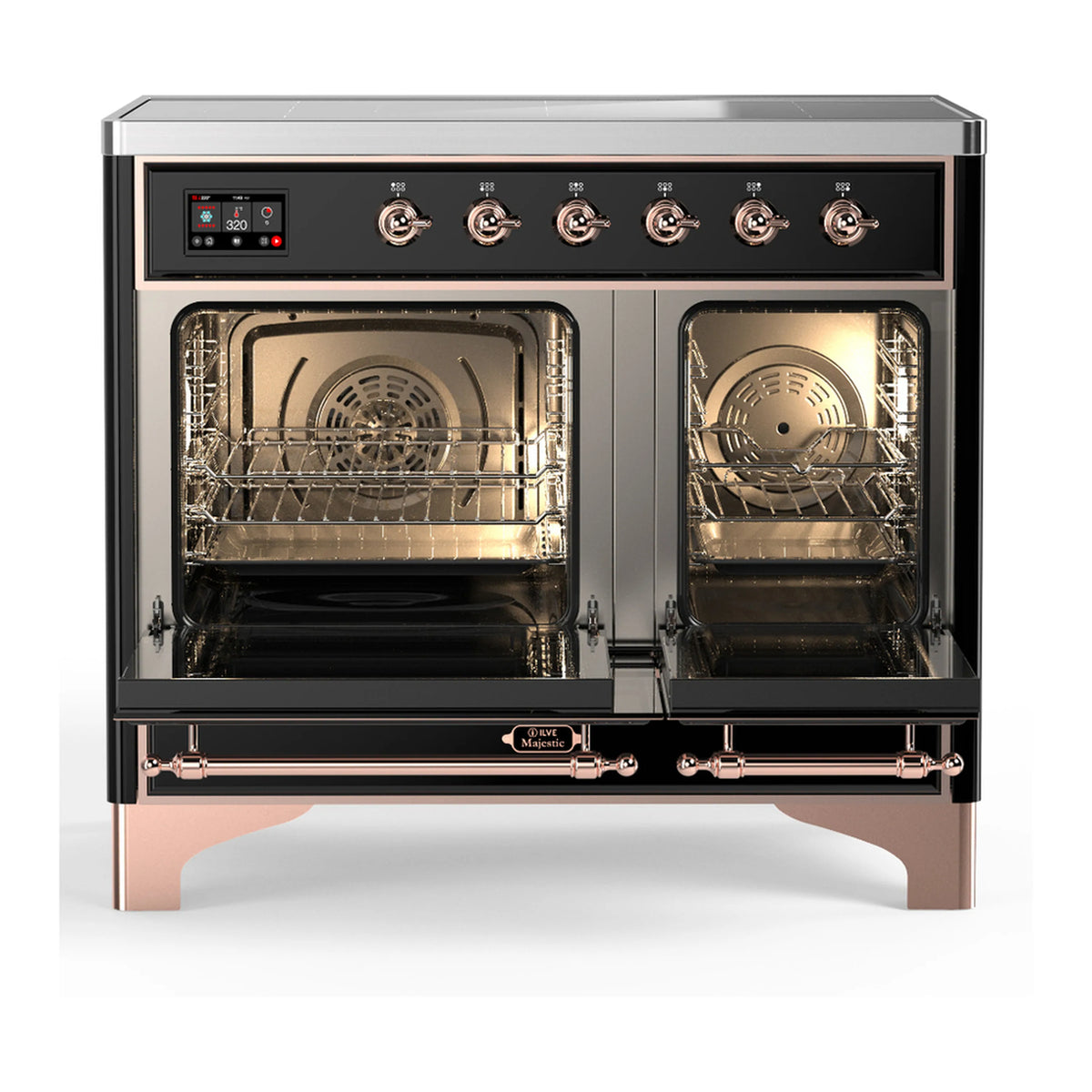 Glossy black induction range with two oven doors open, racks visible, copper trim