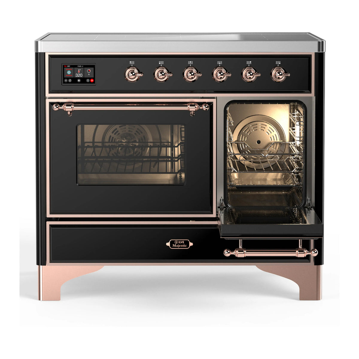 Glossy black induction range with left oven door closed and right door open, copper trim