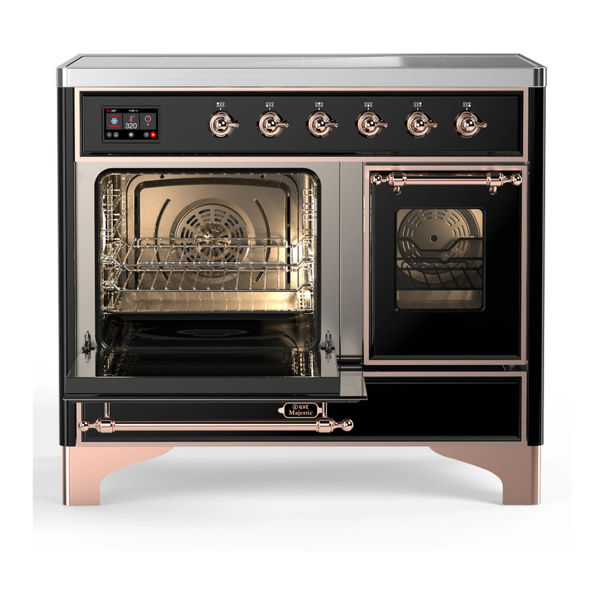 Glossy black induction range with left oven door open and right door closed, copper trim